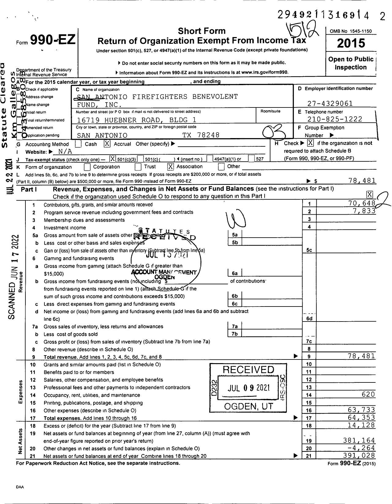 Image of first page of 2015 Form 990EZ for San Antonio Firefighters Benevolent Fund