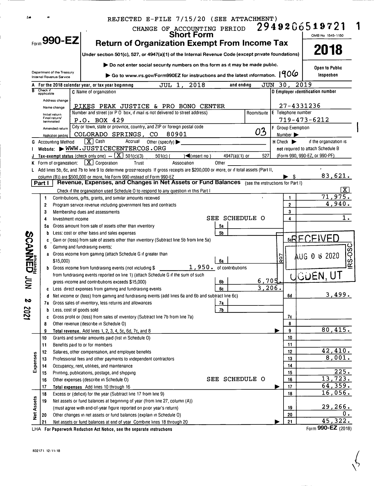 Image of first page of 2018 Form 990EZ for The Justice Center