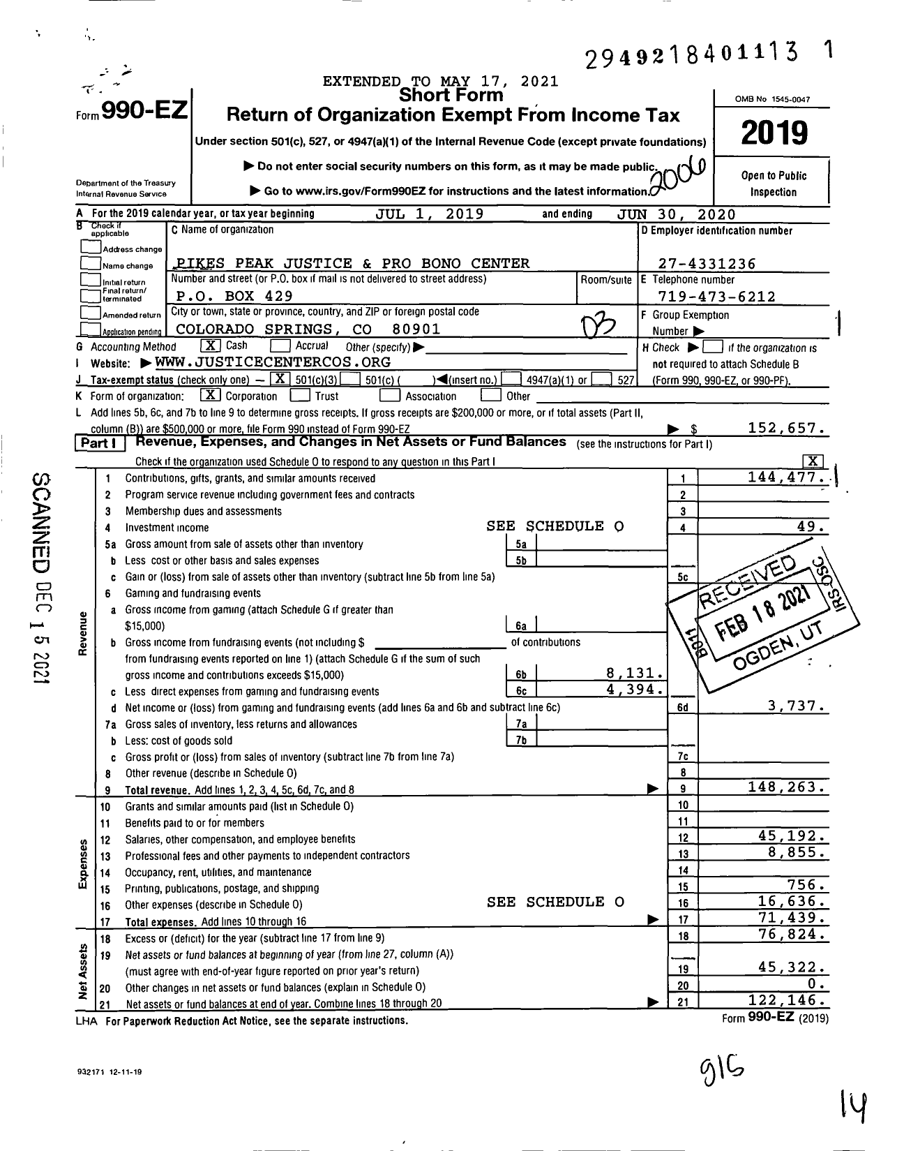 Image of first page of 2019 Form 990EZ for The Justice Center