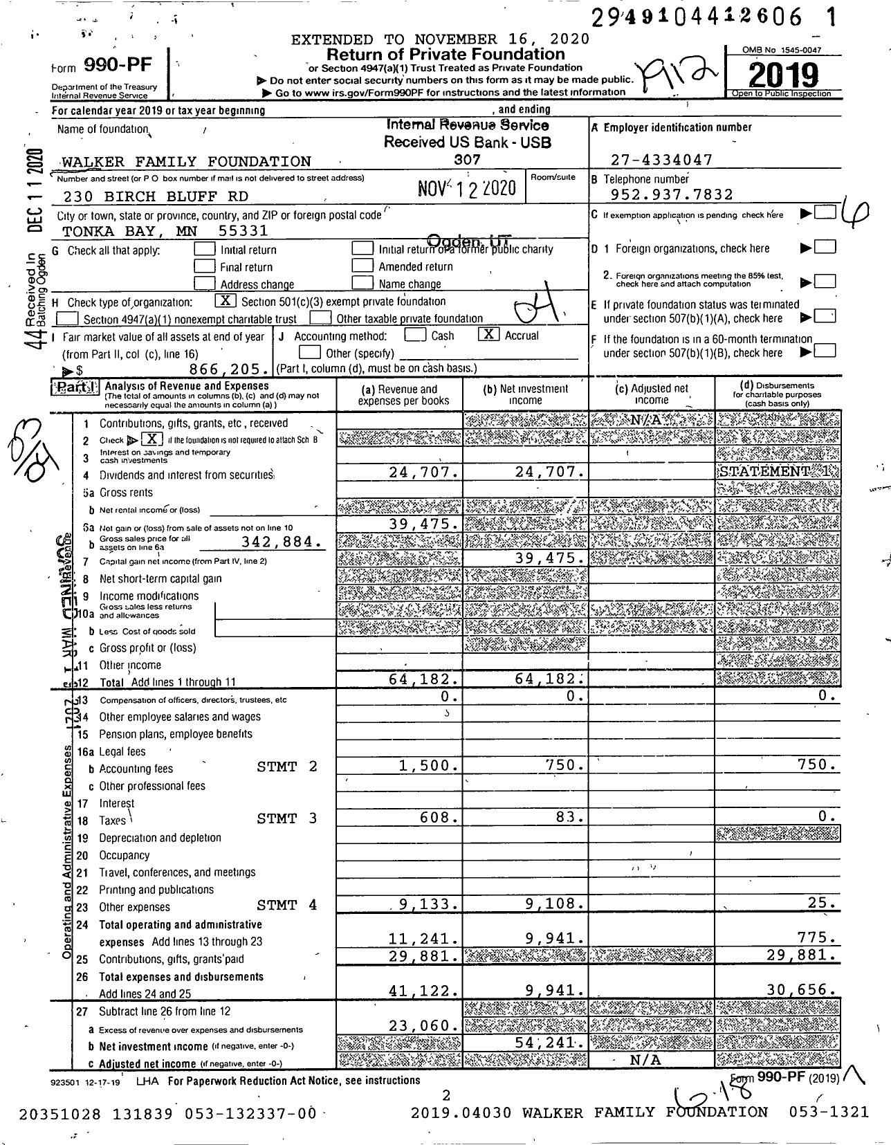 Image of first page of 2019 Form 990PF for Walker Family Foundation