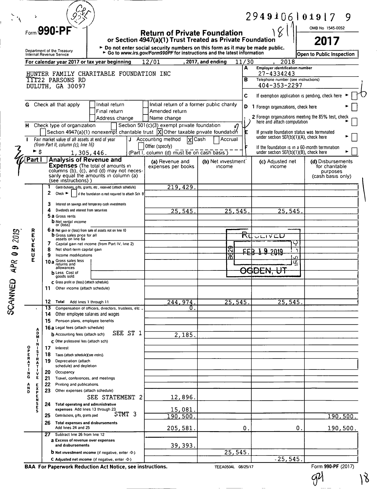 Image of first page of 2017 Form 990PF for Hunter Family Charitable Foundation