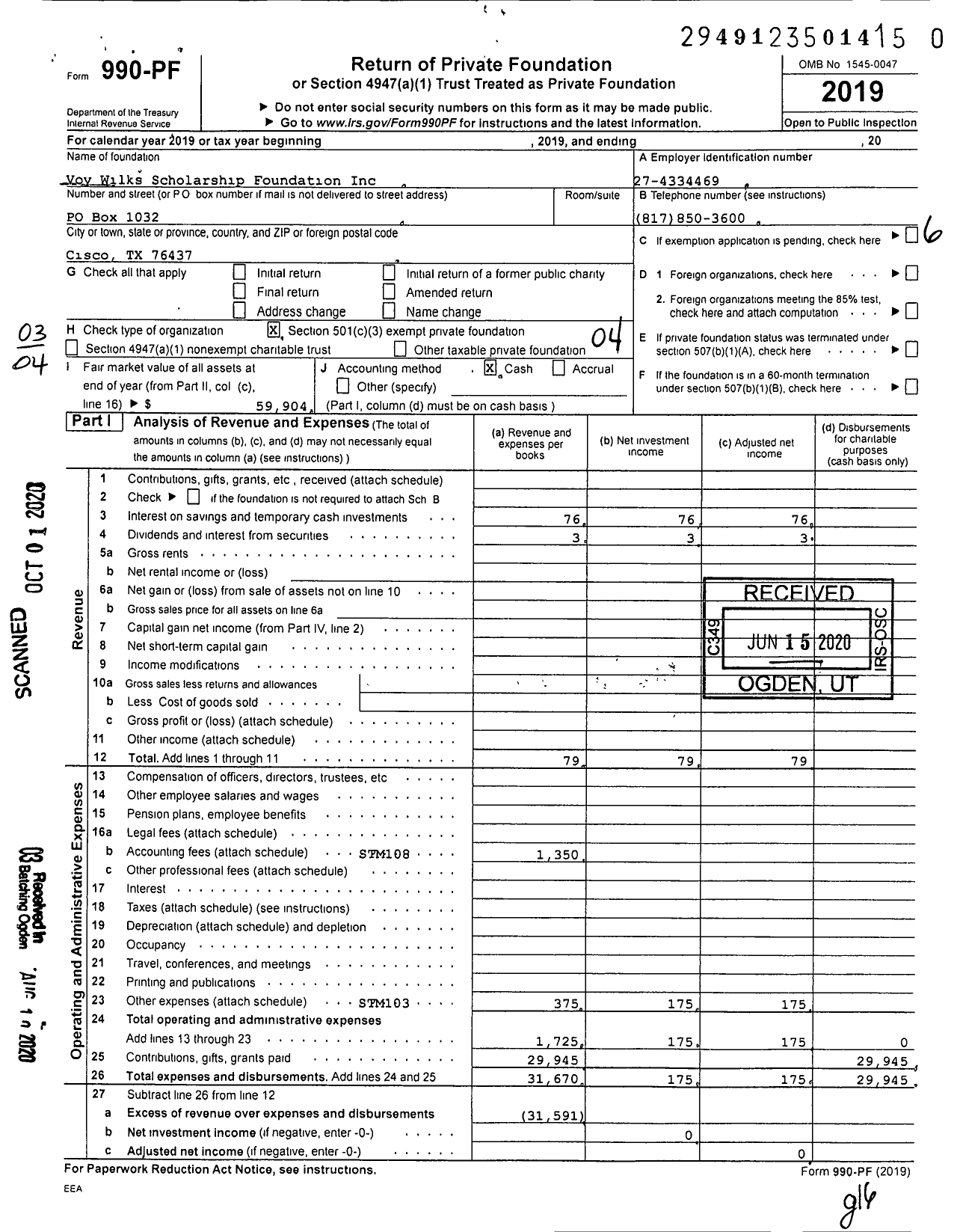 Image of first page of 2019 Form 990PR for Voy Wilks Scholarship Foundation