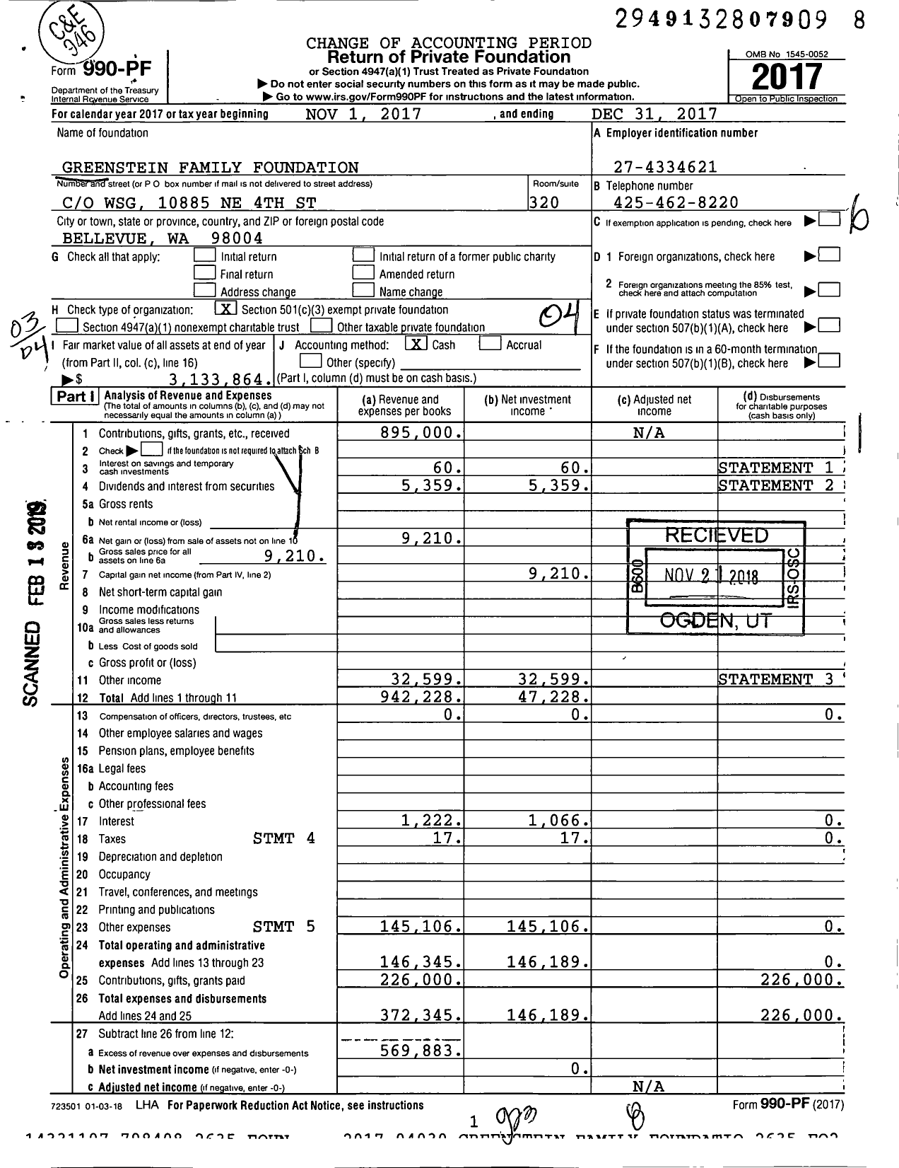 Image of first page of 2017 Form 990PF for Greenstein Family Foundation