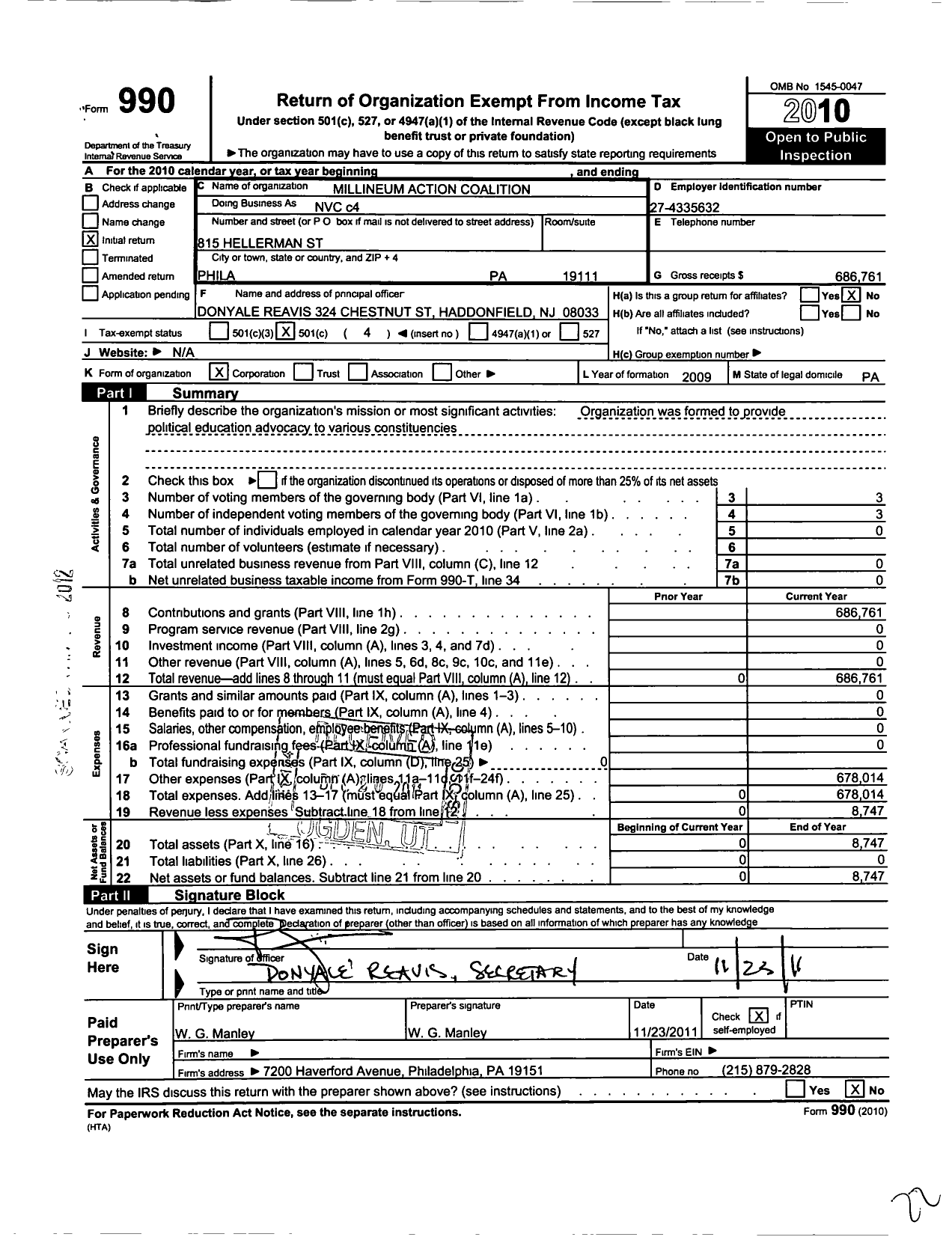 Image of first page of 2010 Form 990O for Millennium Action Coalition