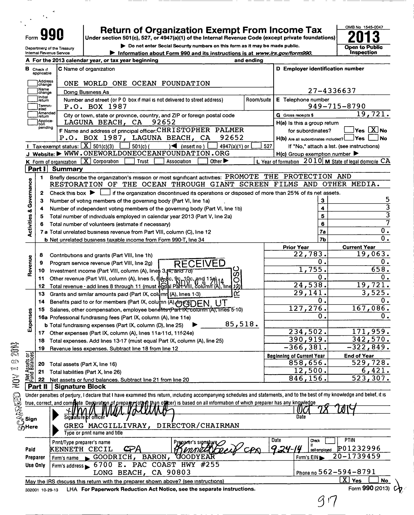 Image of first page of 2013 Form 990 for One World One Ocean Foundation