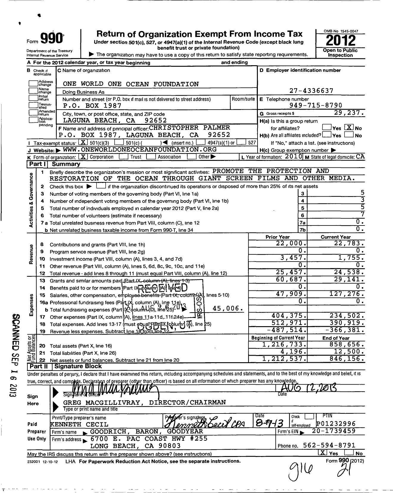 Image of first page of 2012 Form 990 for One World One Ocean Foundation