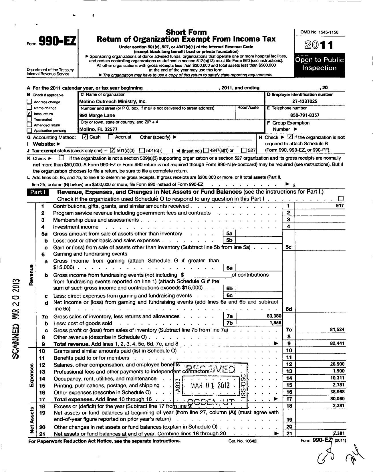 Image of first page of 2011 Form 990EZ for Molino Outreach Ministry