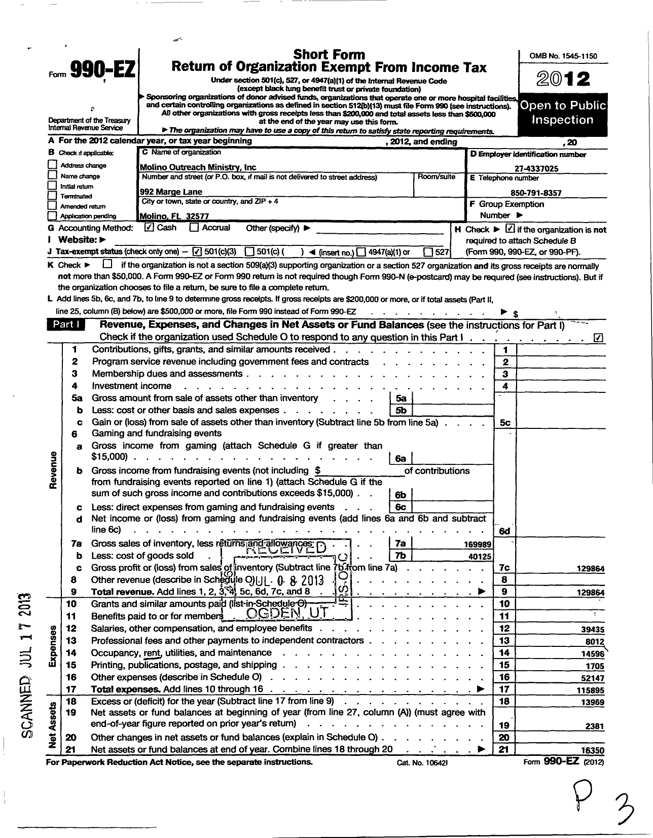 Image of first page of 2012 Form 990EZ for Molino Outreach Ministry