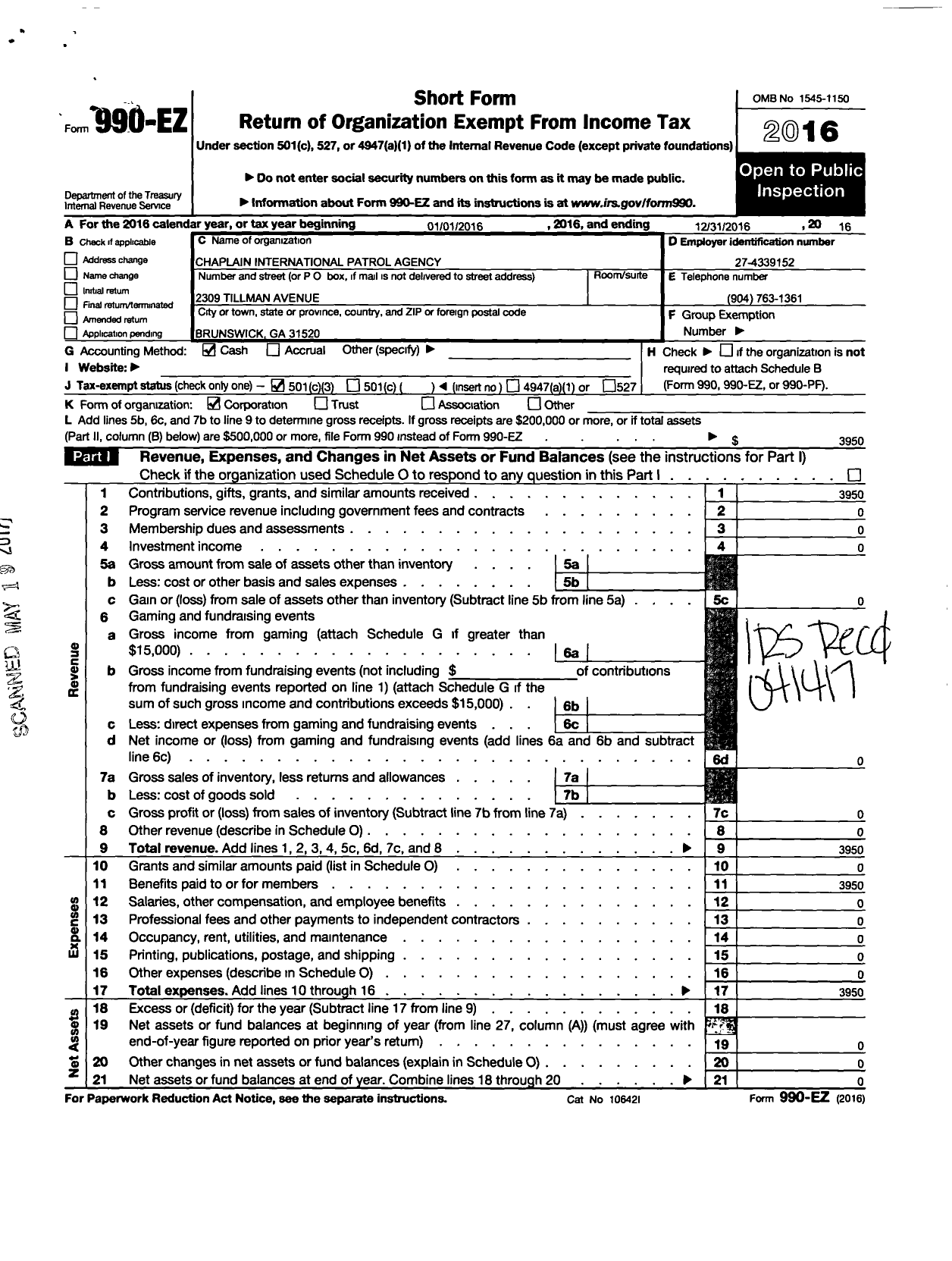 Image of first page of 2016 Form 990EZ for Chaplain International Patrol Agency