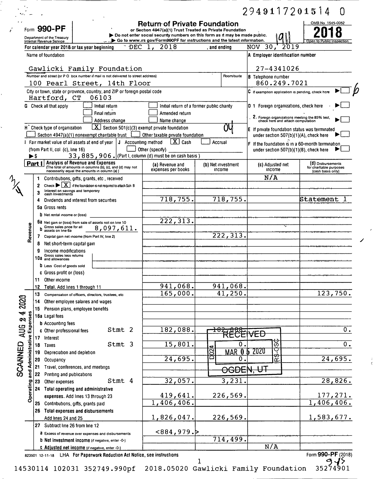 Image of first page of 2018 Form 990PR for Gawlicki Family Foundation