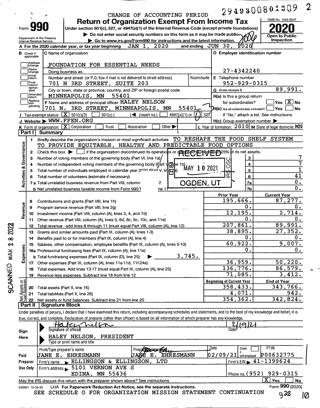 Image of first page of 2019 Form 990 for Foundation for Essential Needs