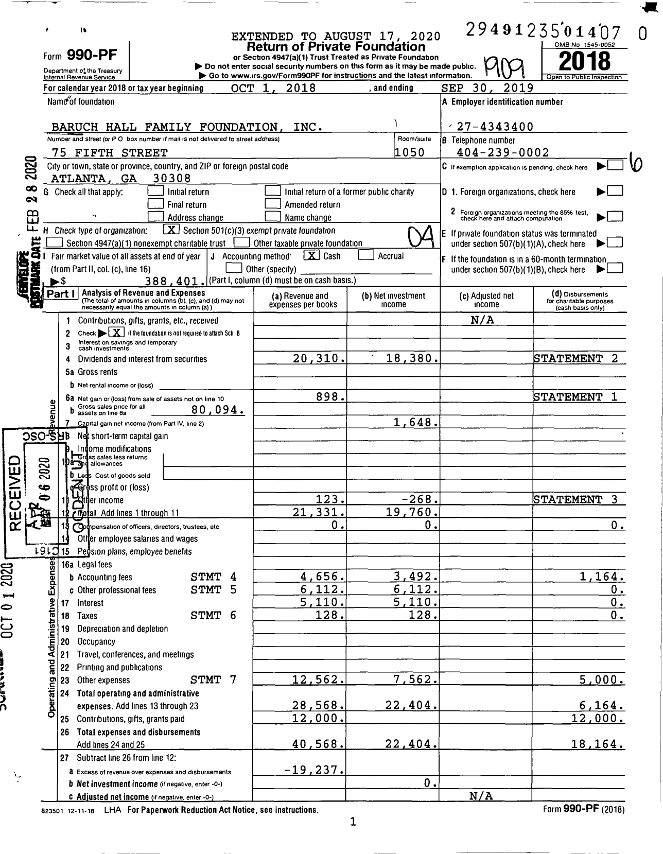 Image of first page of 2018 Form 990PR for Baruch Hall Family Foundation