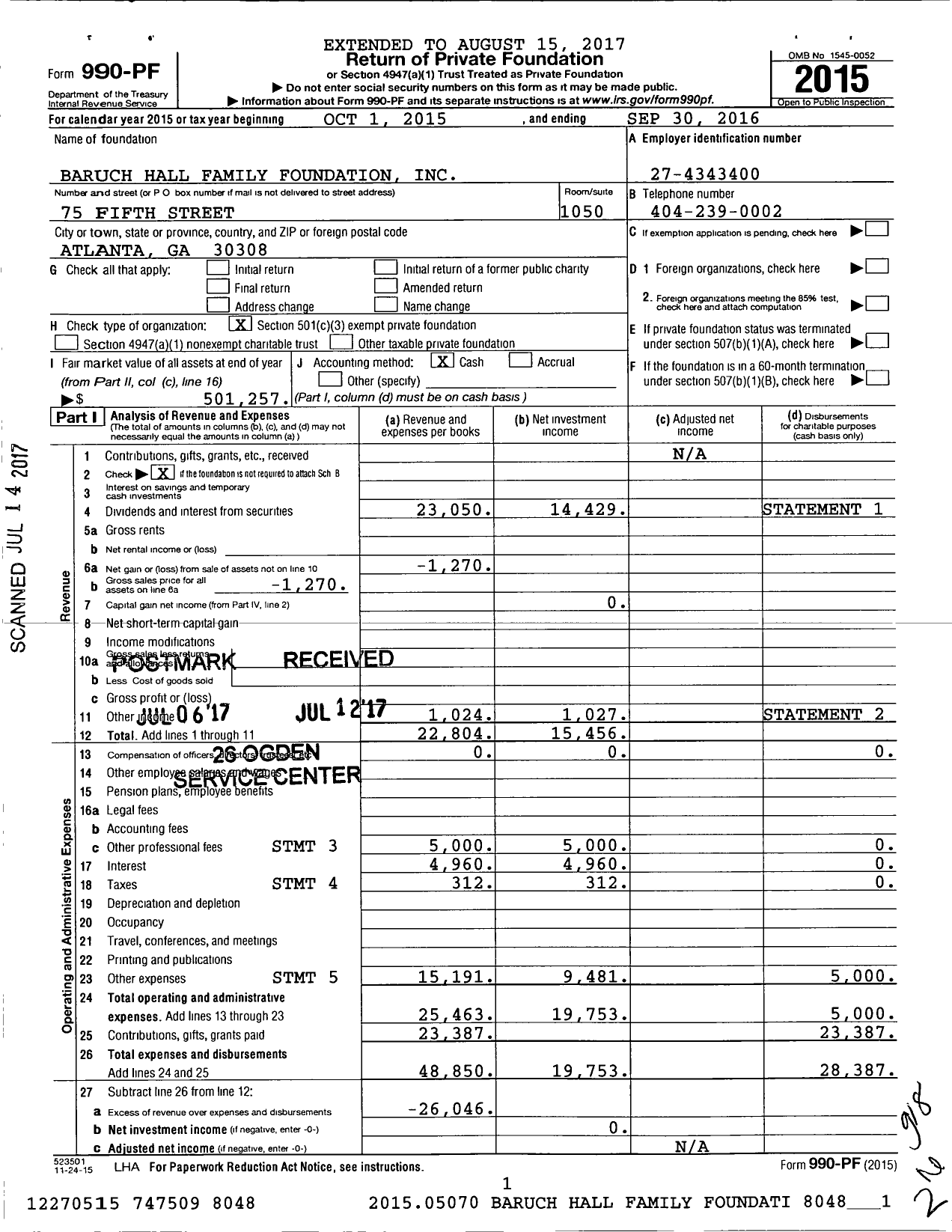 Image of first page of 2015 Form 990PF for Baruch Hall Family Foundation