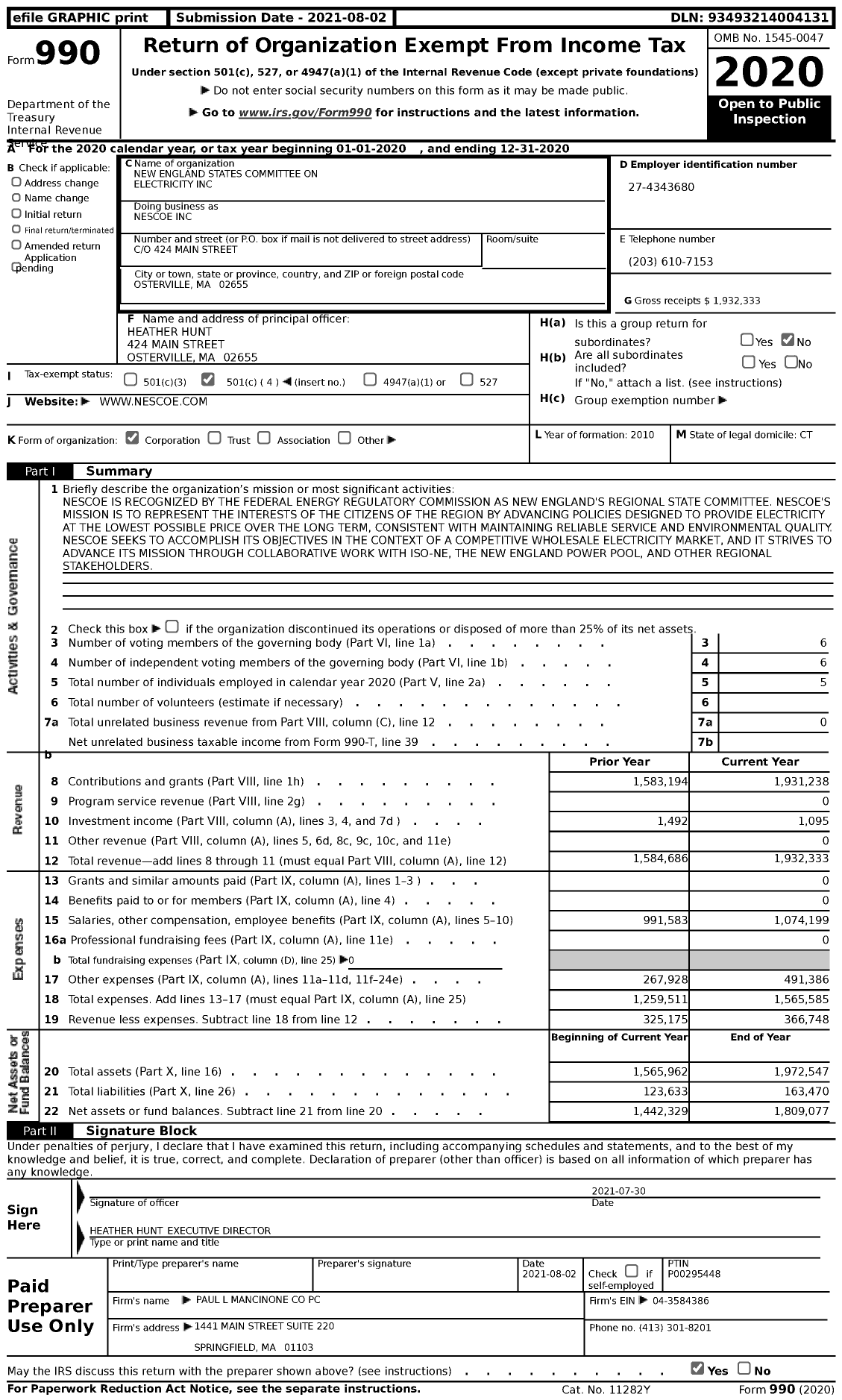 Image of first page of 2020 Form 990 for New England States Committee on Electricity (NESCOE)