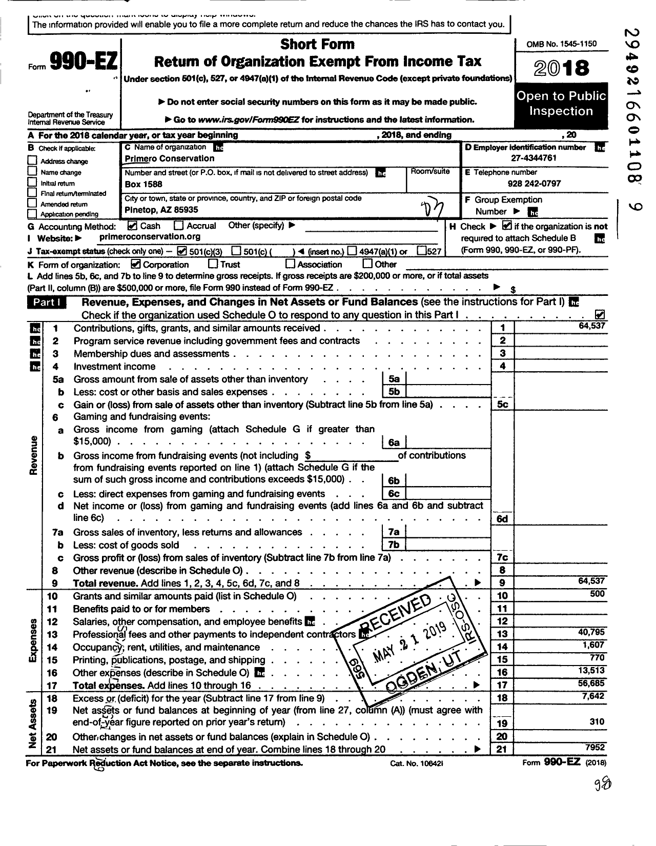 Image of first page of 2018 Form 990EZ for Primero Conservation