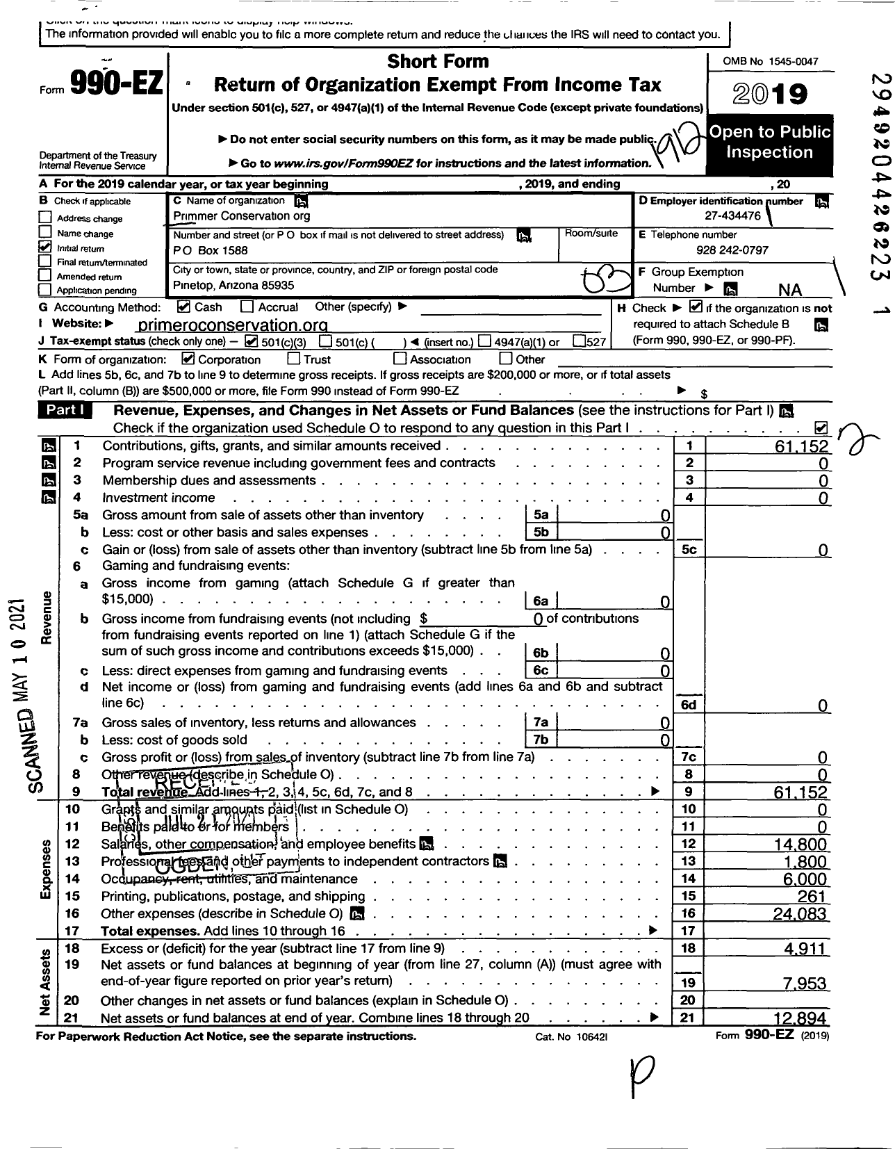 Image of first page of 2019 Form 990EZ for Primero Conservationorg