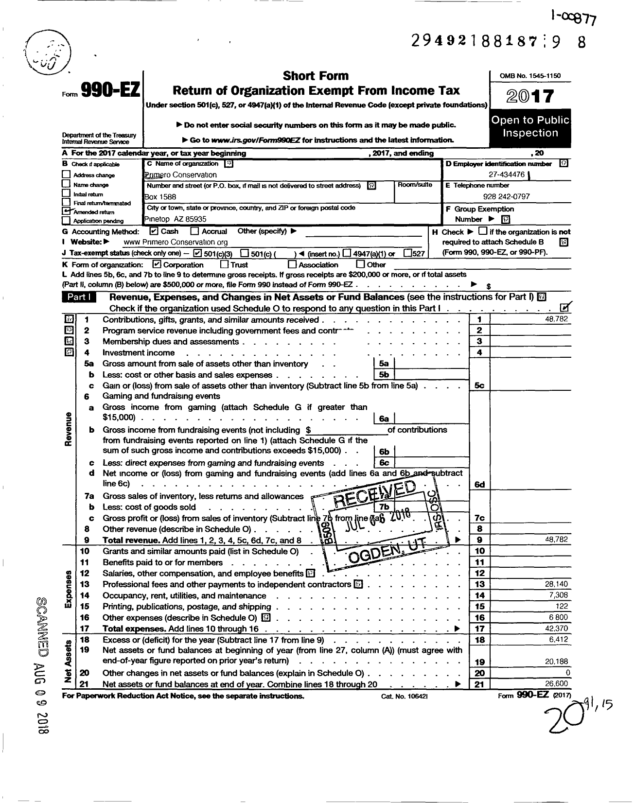 Image of first page of 2017 Form 990EZ for Primero Conservationorg