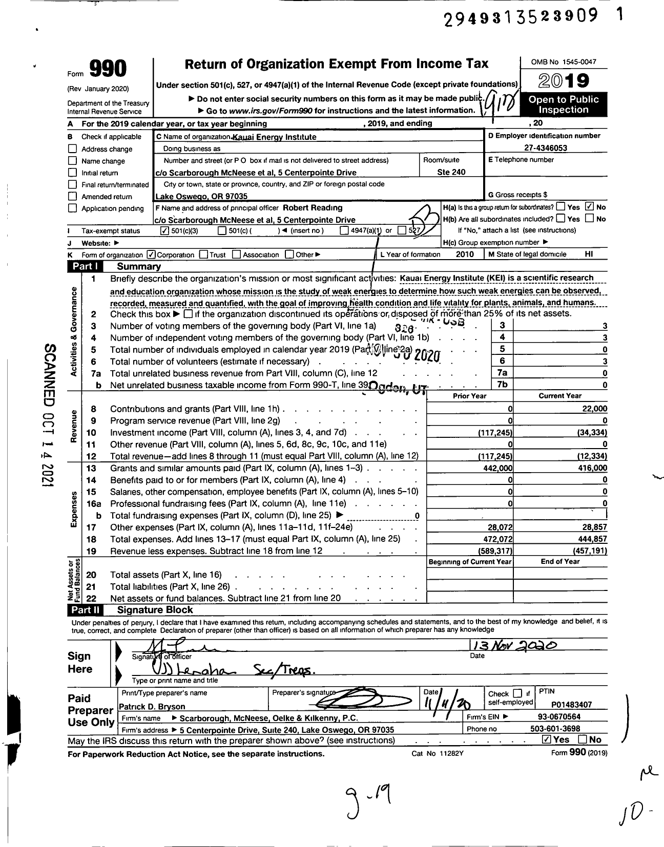 Image of first page of 2019 Form 990 for Kauai Energy Institute