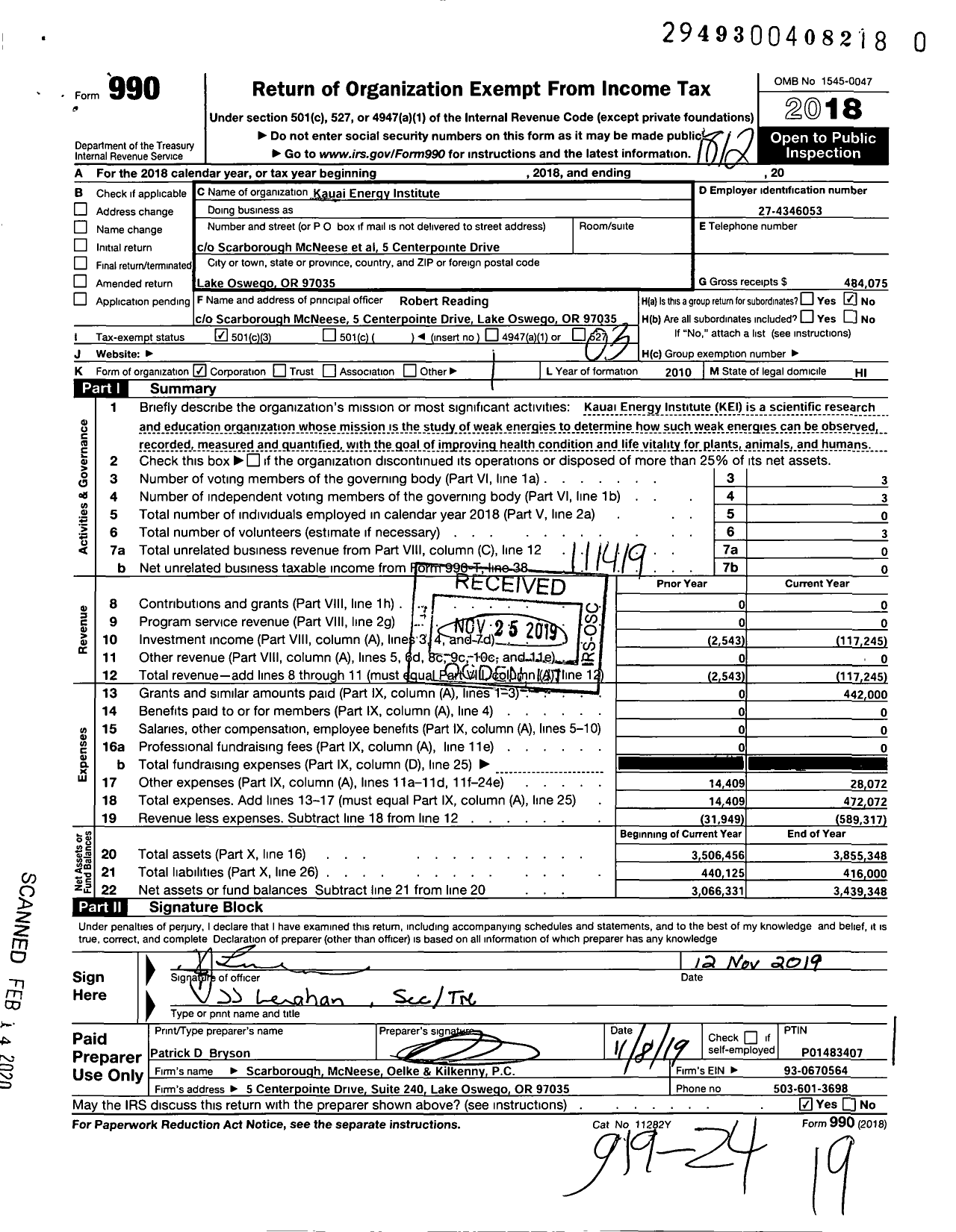 Image of first page of 2018 Form 990 for Kauai Energy Institute