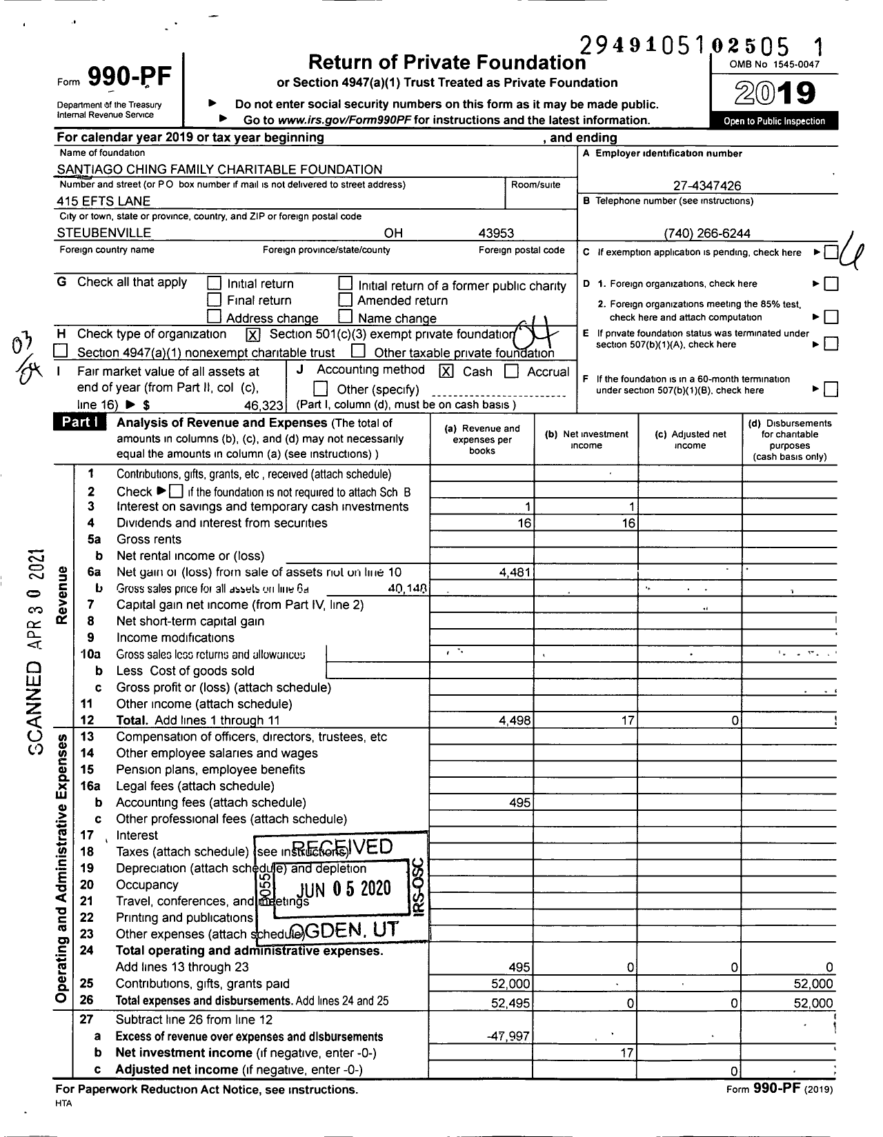 Image of first page of 2019 Form 990PF for Santiago Ching Family Charitable Foundation