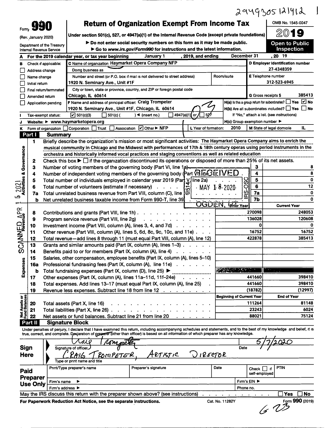 Image of first page of 2019 Form 990 for The Haymarket Opera Company NFP