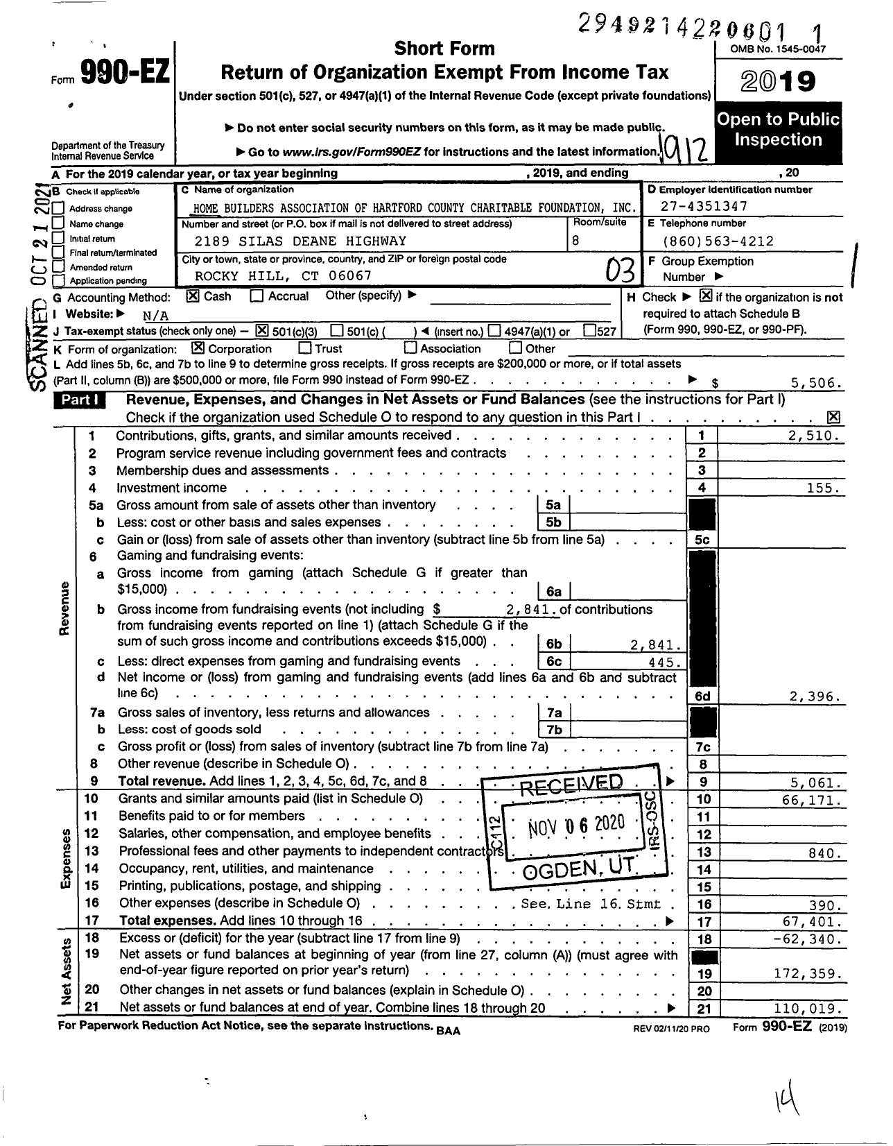 Image of first page of 2019 Form 990EZ for Home Builders Association of Hartford County Charitable Foundation