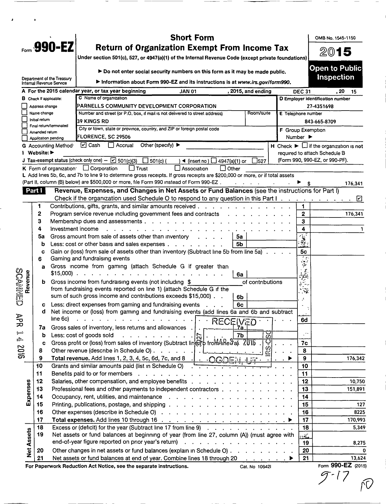 Image of first page of 2015 Form 990EZ for Parnells Community Development Corporation