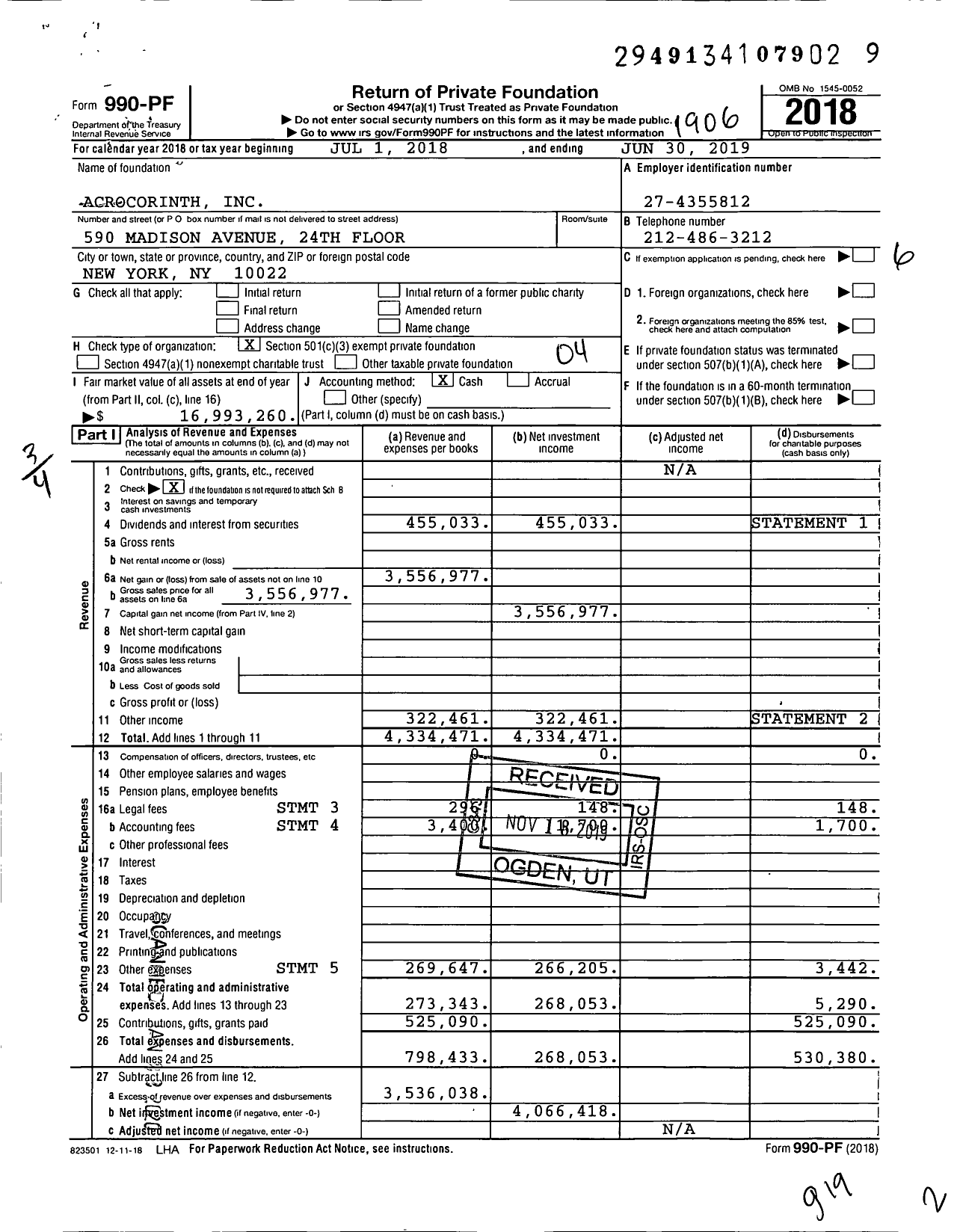 Image of first page of 2018 Form 990PF for Acrocorinth