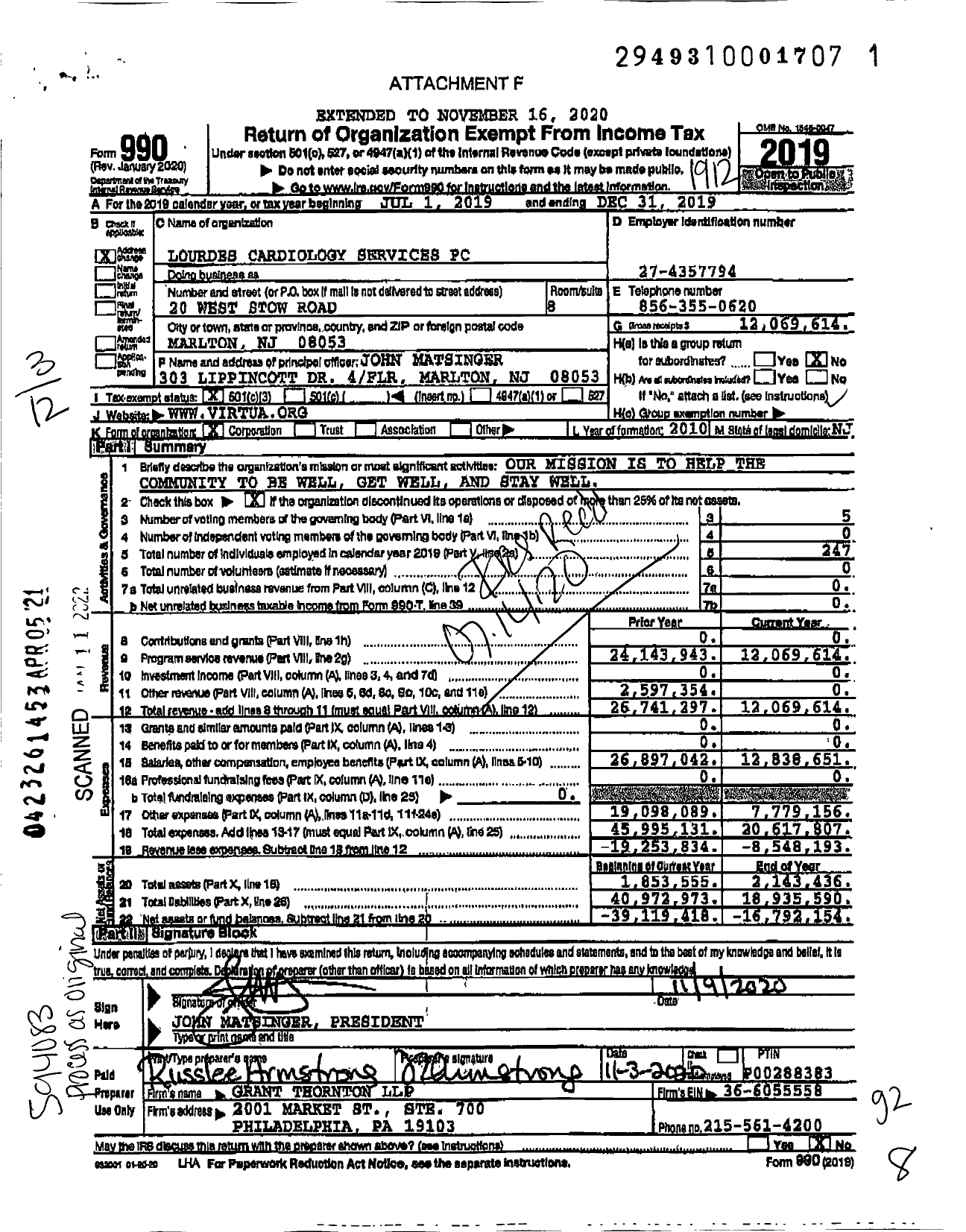 Image of first page of 2019 Form 990 for Virtua Health System