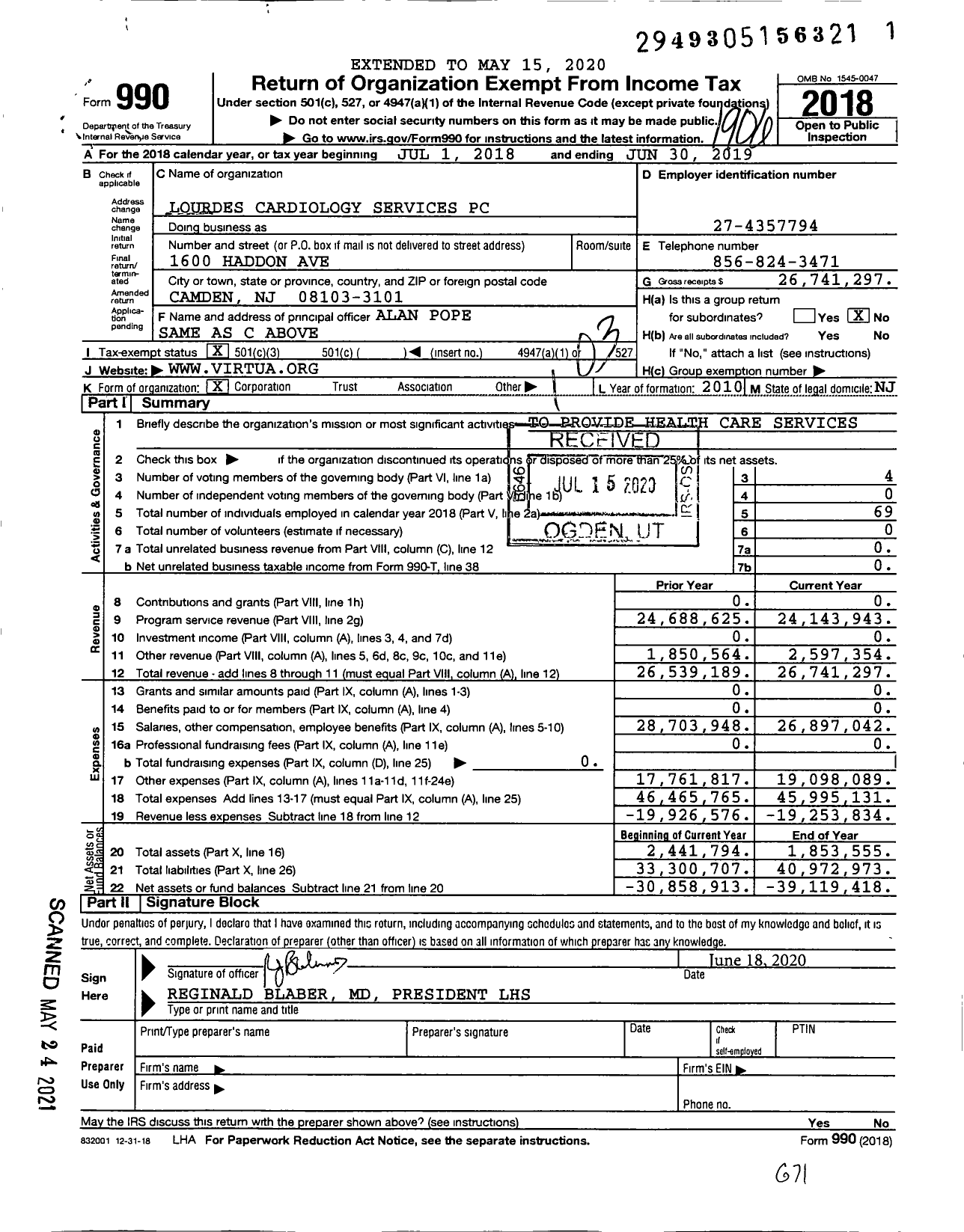 Image of first page of 2018 Form 990 for Virtua Health System