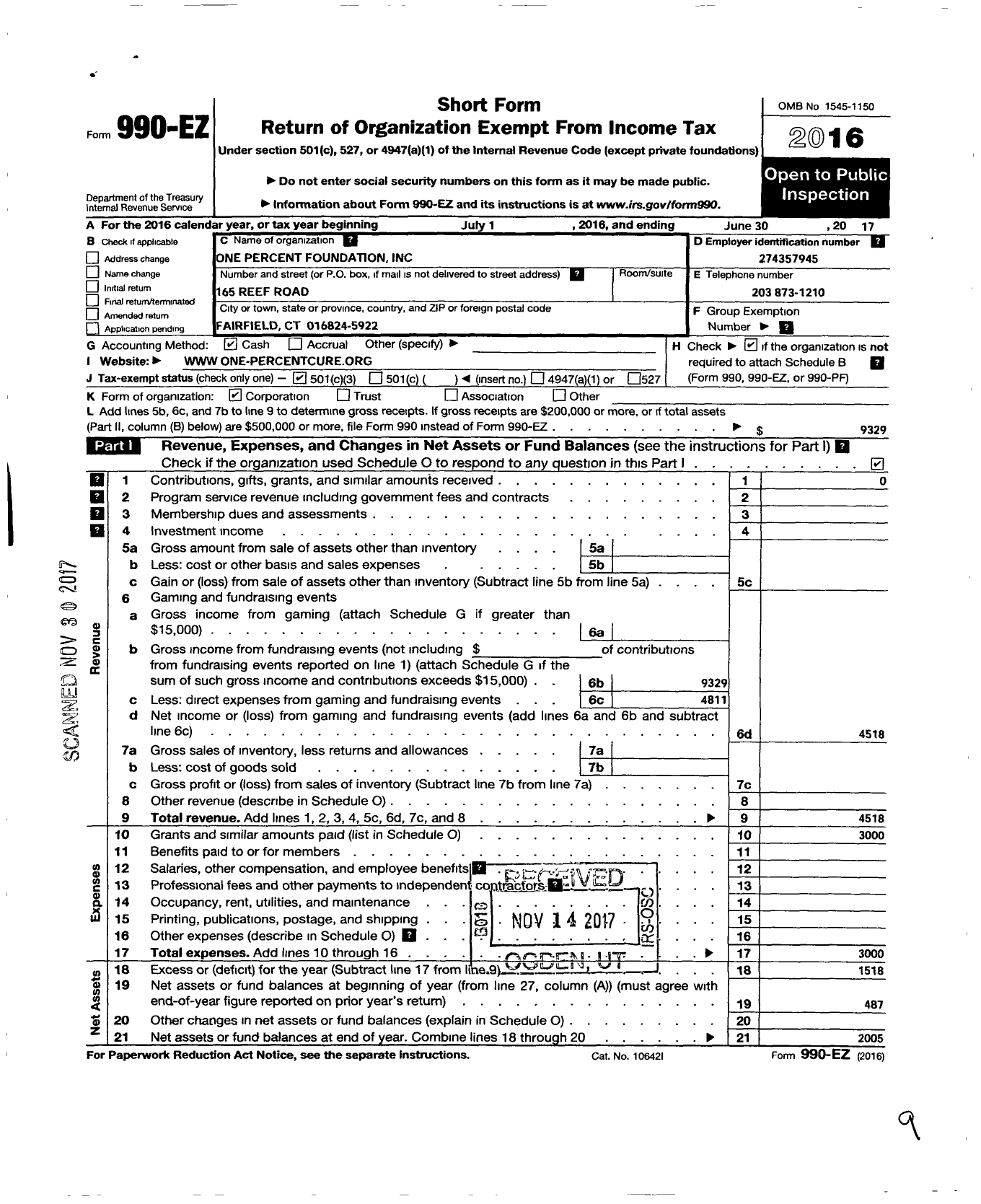 Image of first page of 2016 Form 990EZ for One Percent Foundation