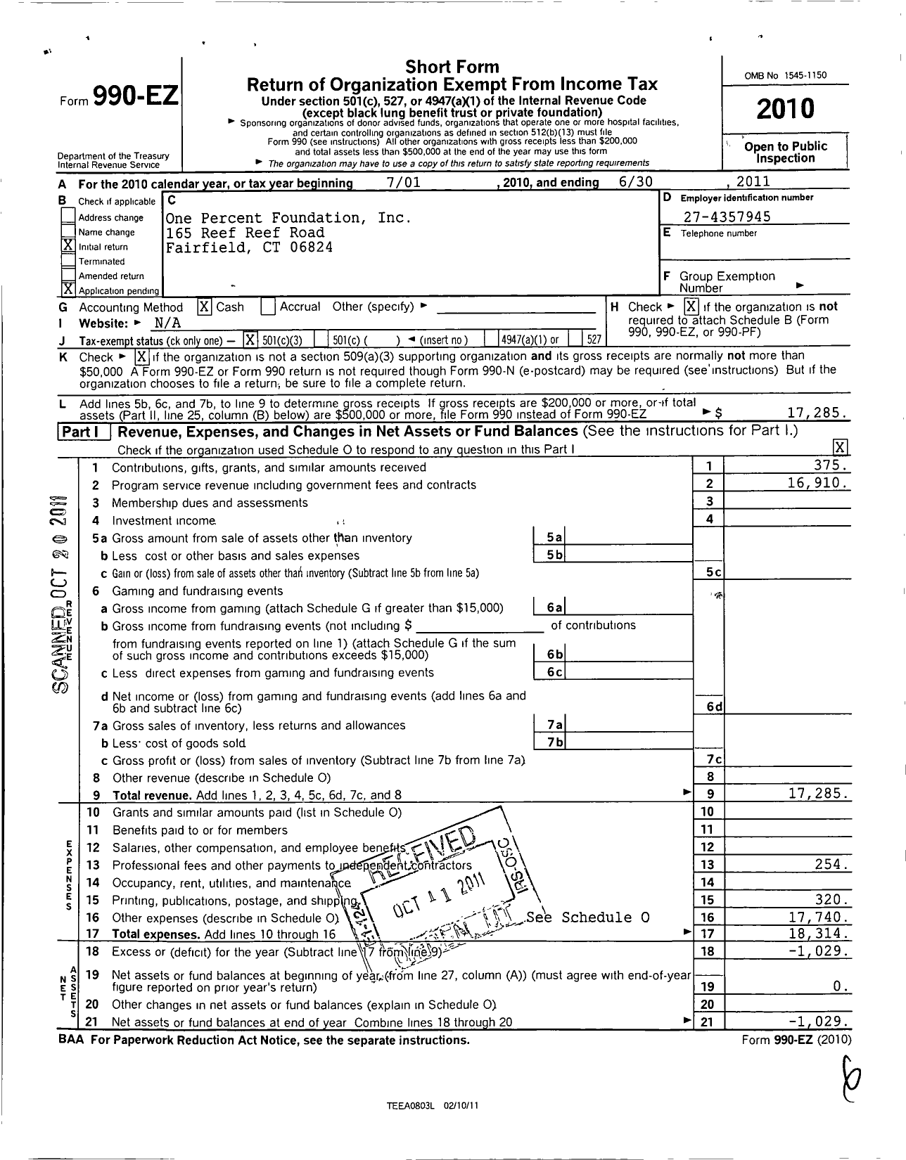 Image of first page of 2010 Form 990EZ for One Percent Foundation