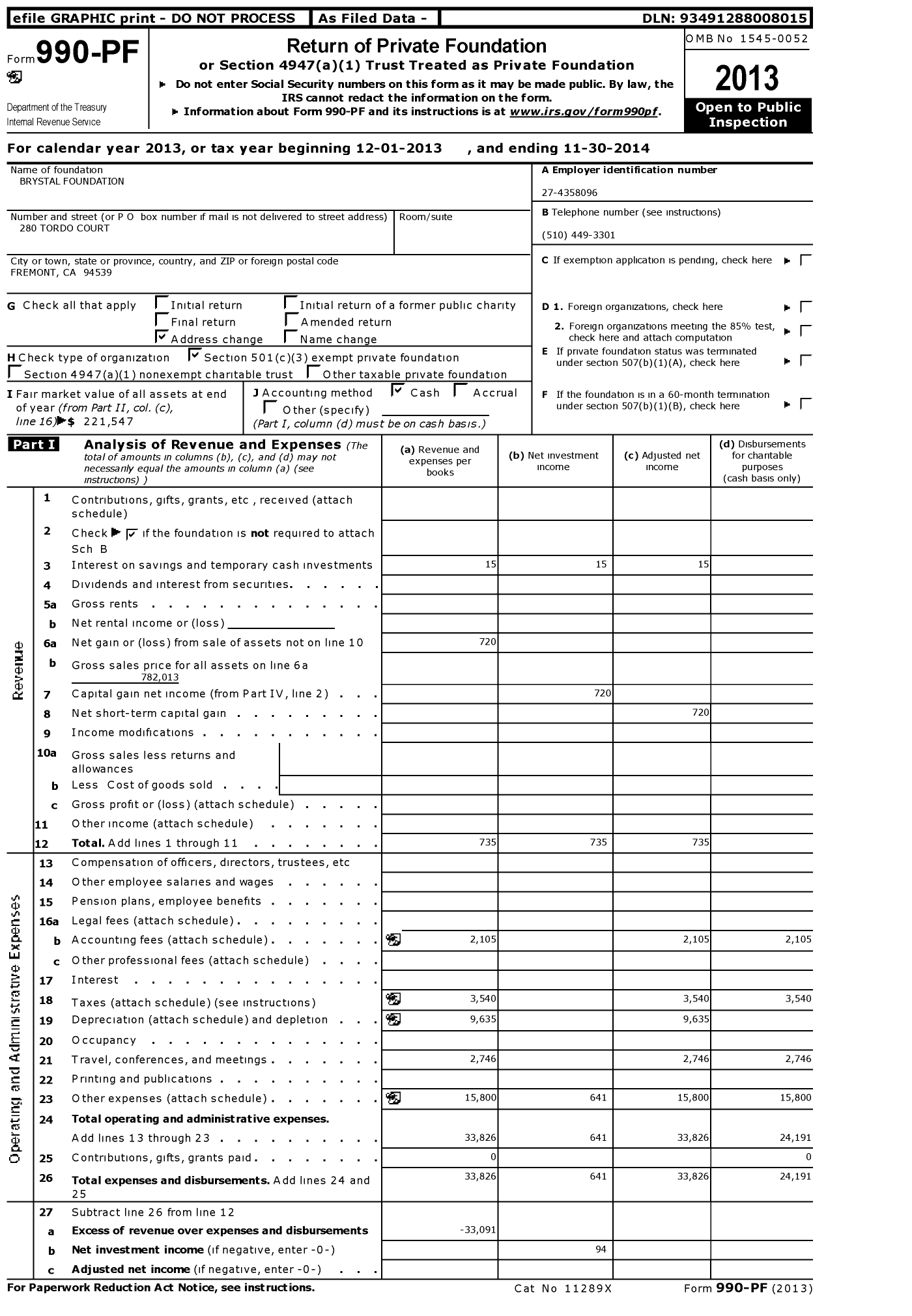 Image of first page of 2013 Form 990PF for Brystal Foundation