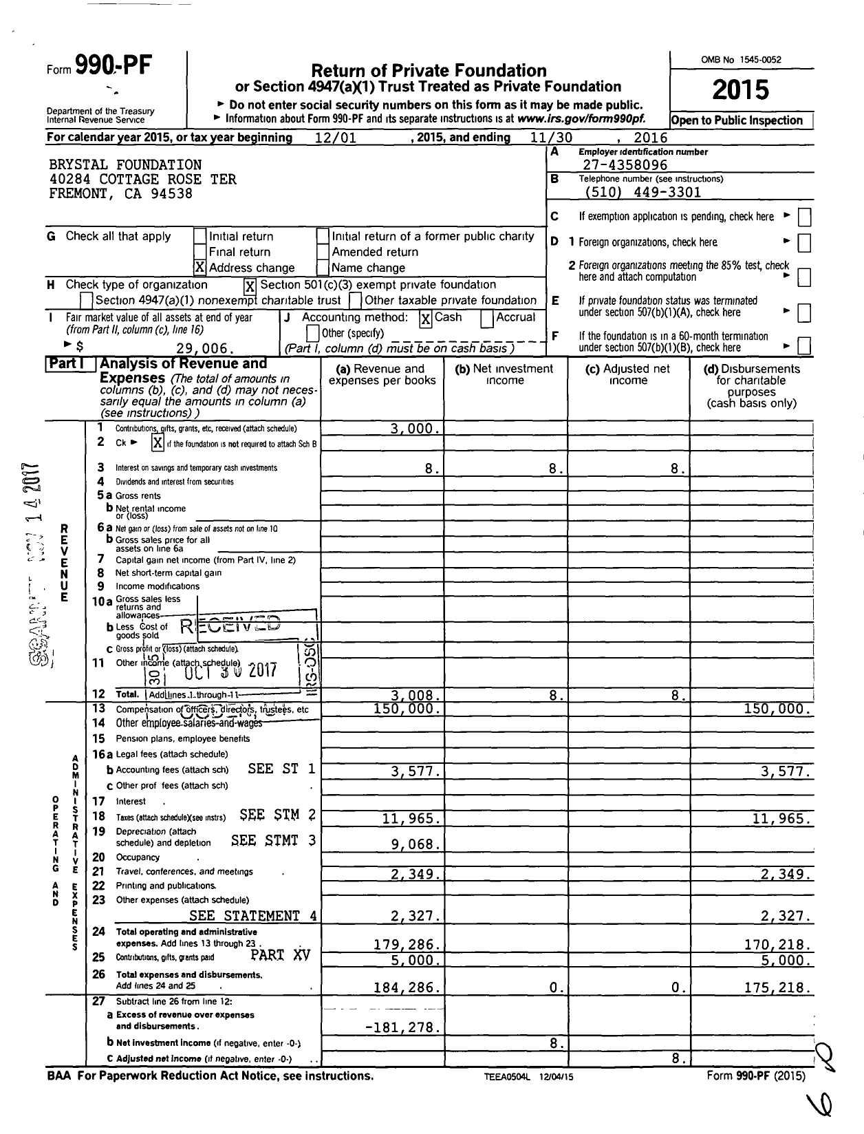 Image of first page of 2015 Form 990PF for Brystal Foundation