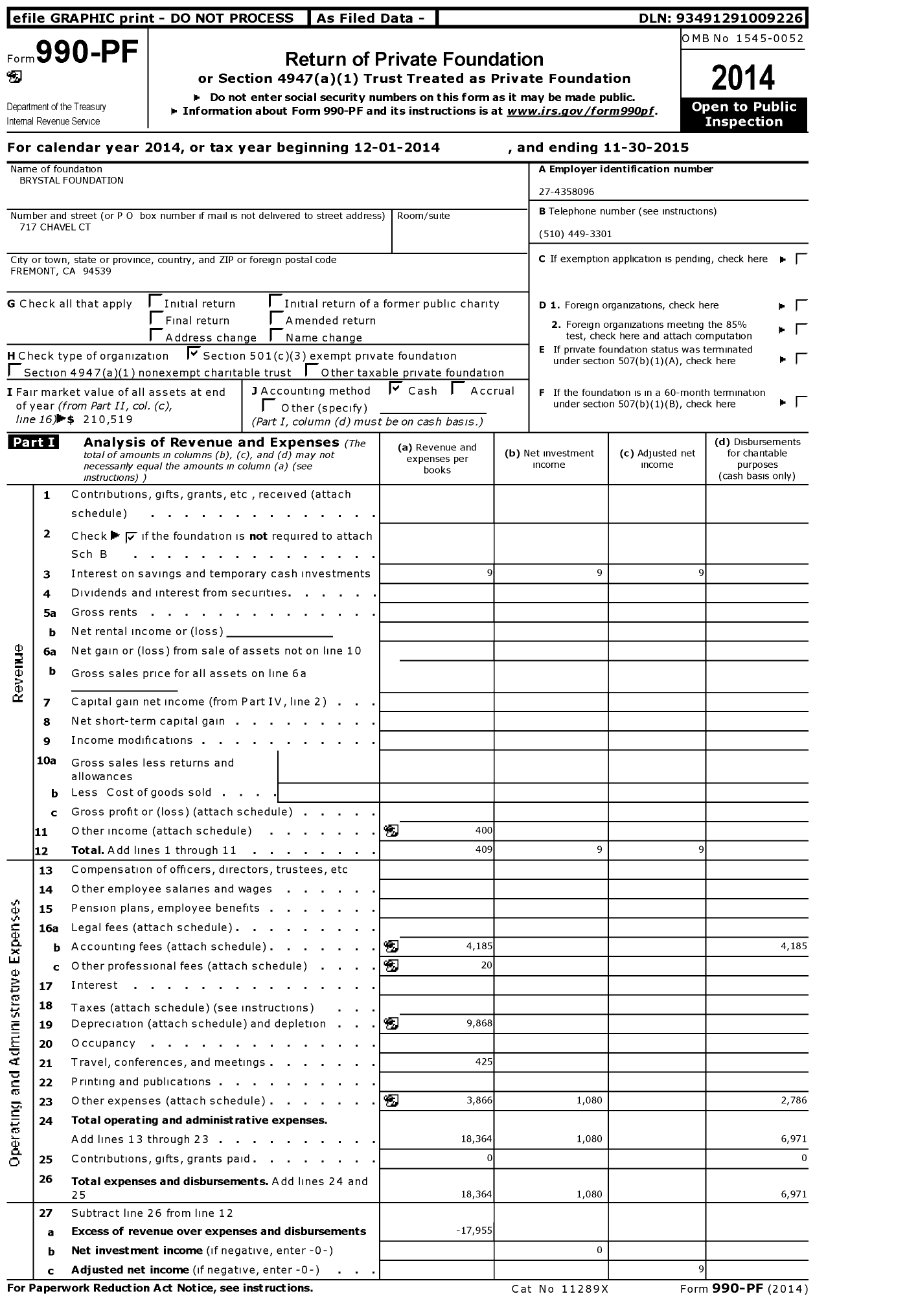 Image of first page of 2014 Form 990PF for Brystal Foundation