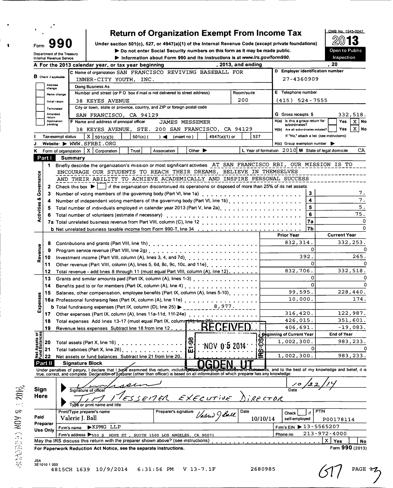 Image of first page of 2013 Form 990 for San Francisco Reviving Baseball for Inner-City Youth