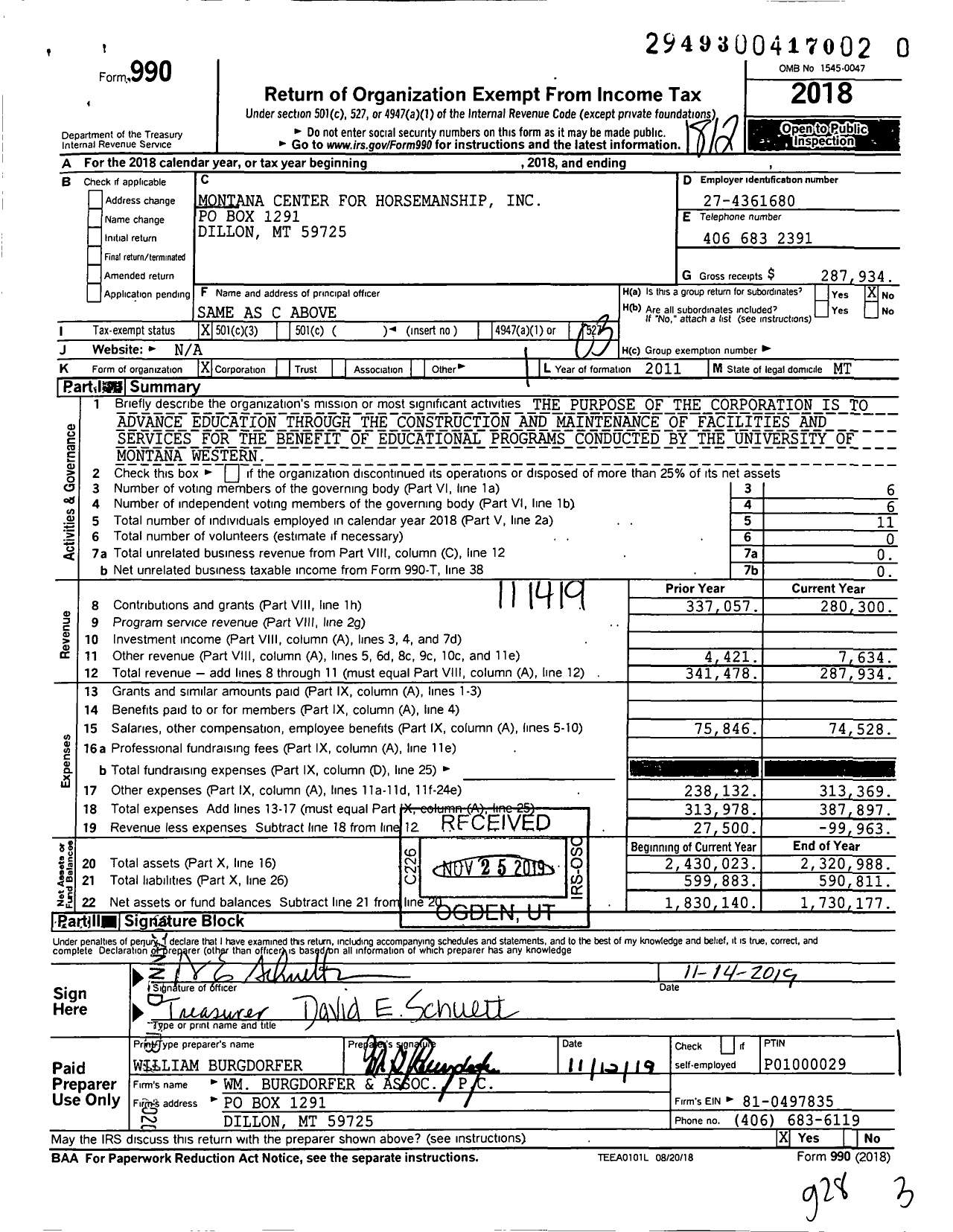 Image of first page of 2018 Form 990 for Montana Center for Horsemanship