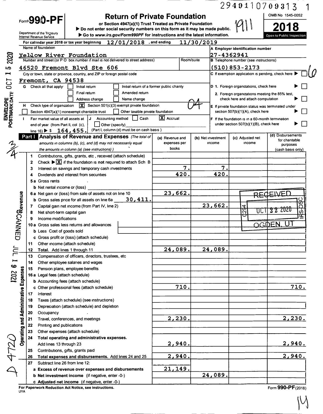 Image of first page of 2018 Form 990PF for Yellow River Foundation