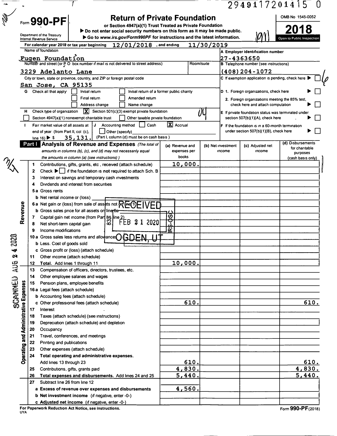 Image of first page of 2018 Form 990PR for Fugen Foundation