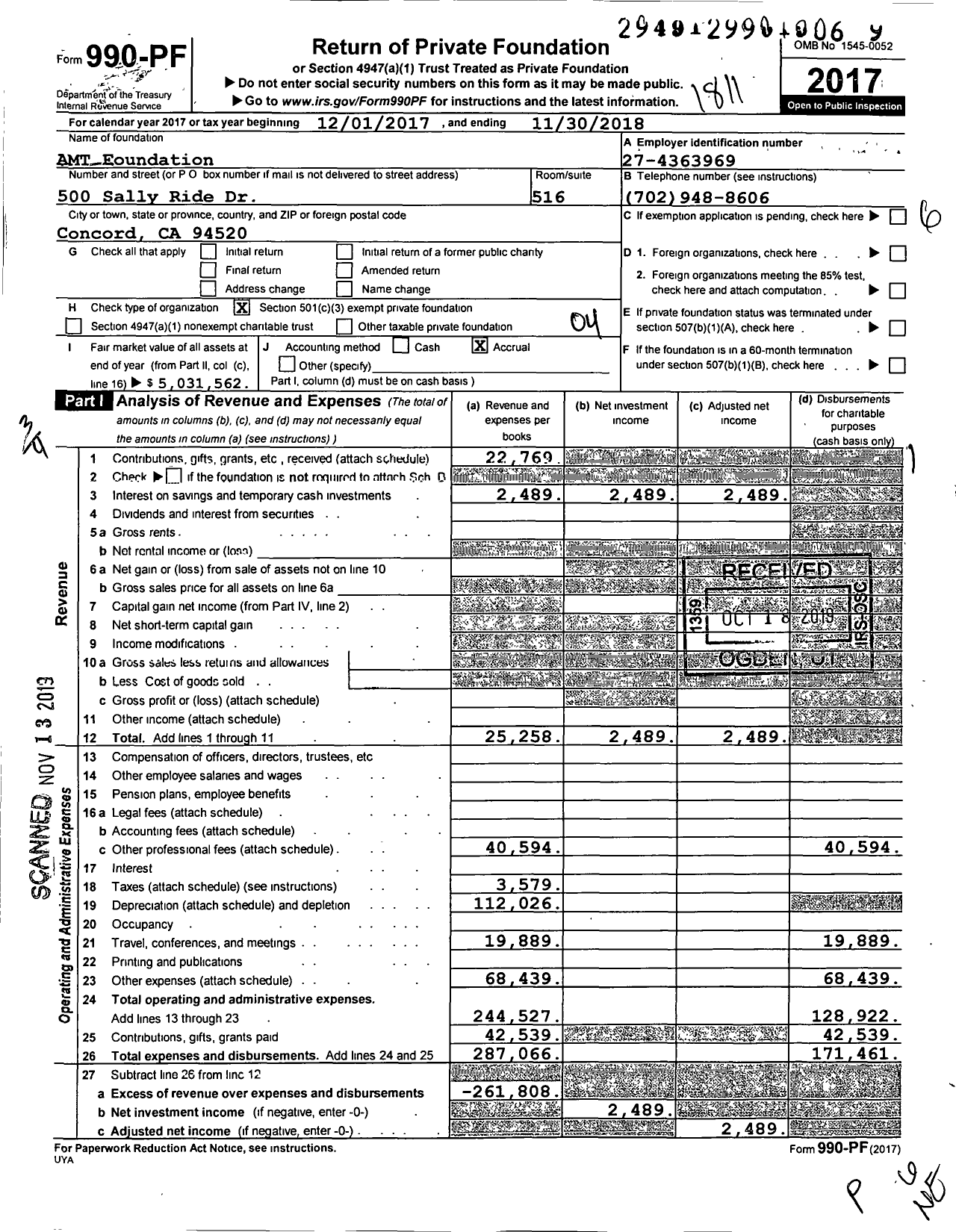 Image of first page of 2017 Form 990PF for AMT Foundation