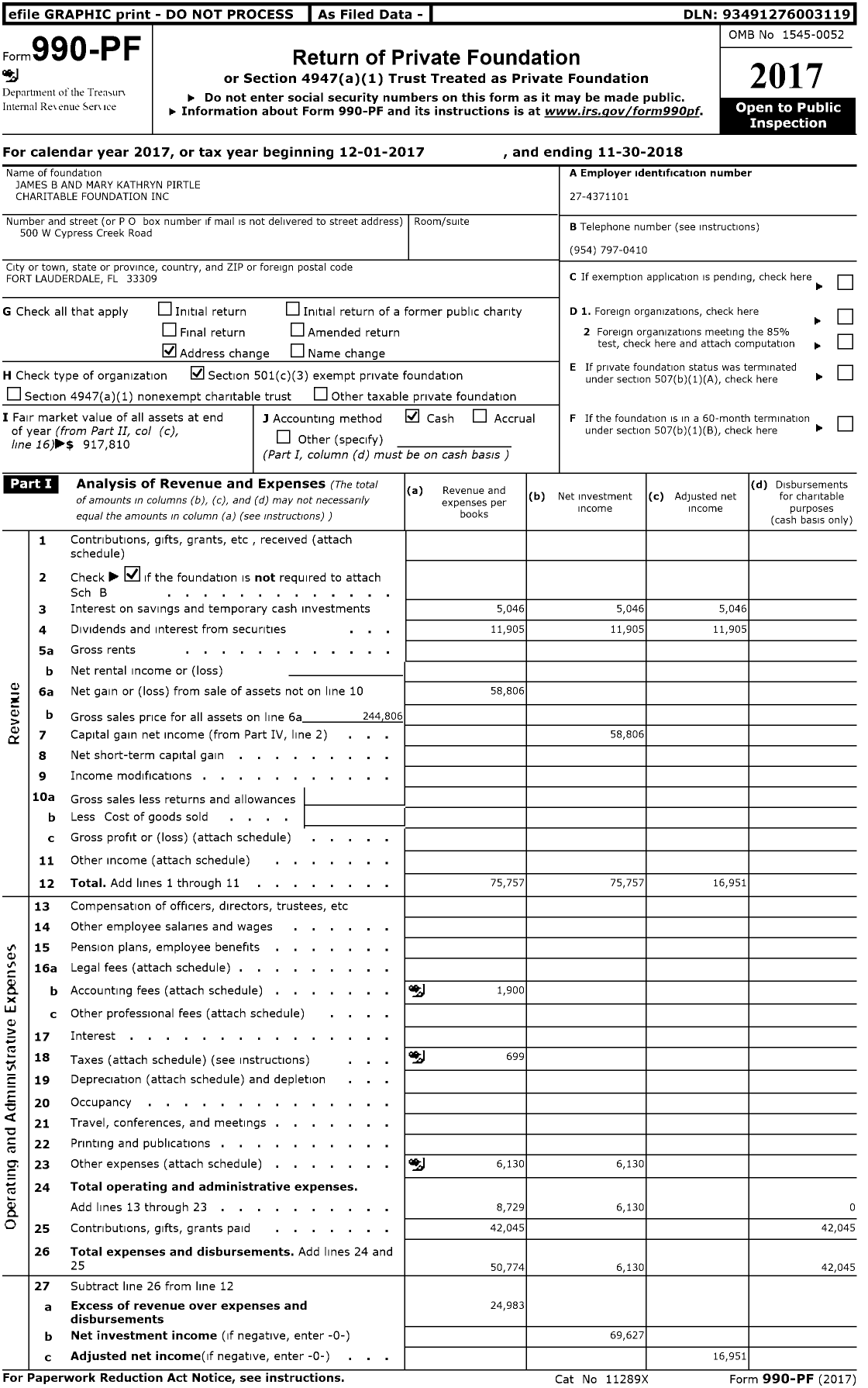 Image of first page of 2017 Form 990PF for James B and Mary Kathryn Pirtle Charitable Foundation