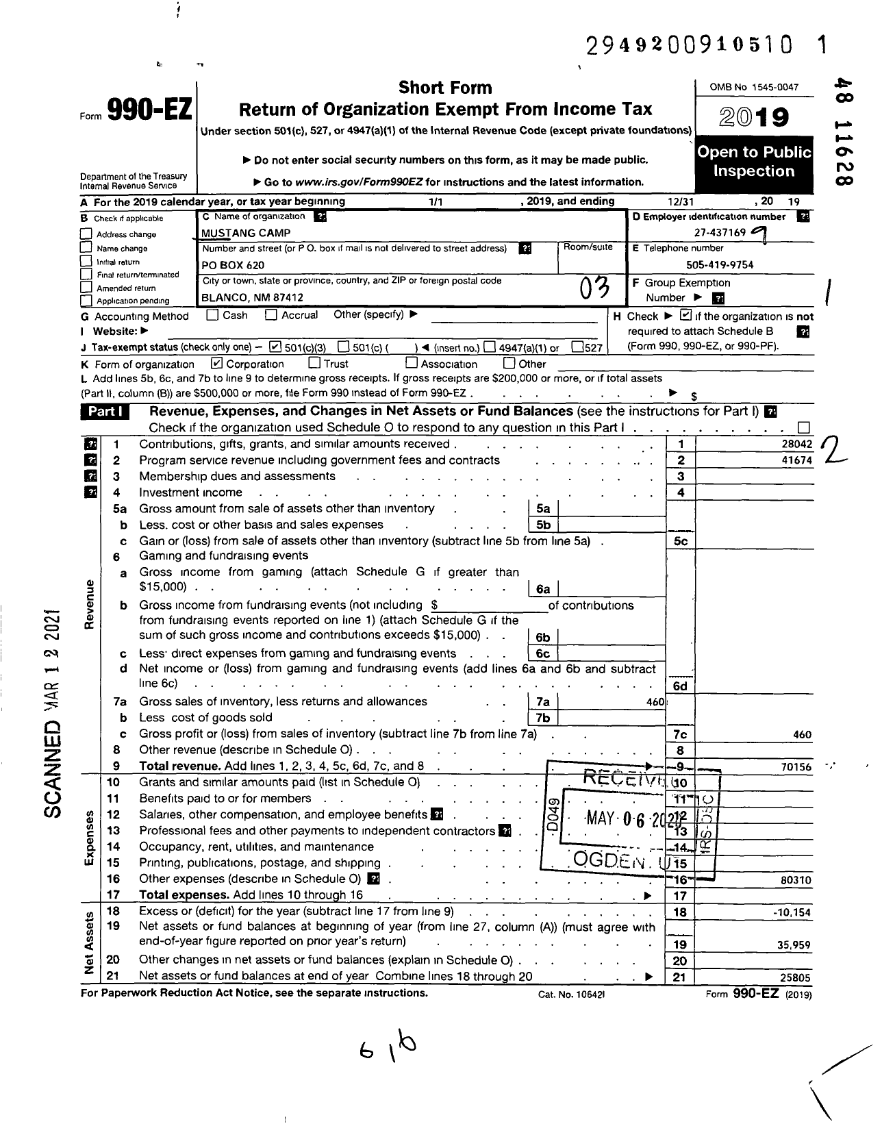 Image of first page of 2019 Form 990EZ for Mustang Camp