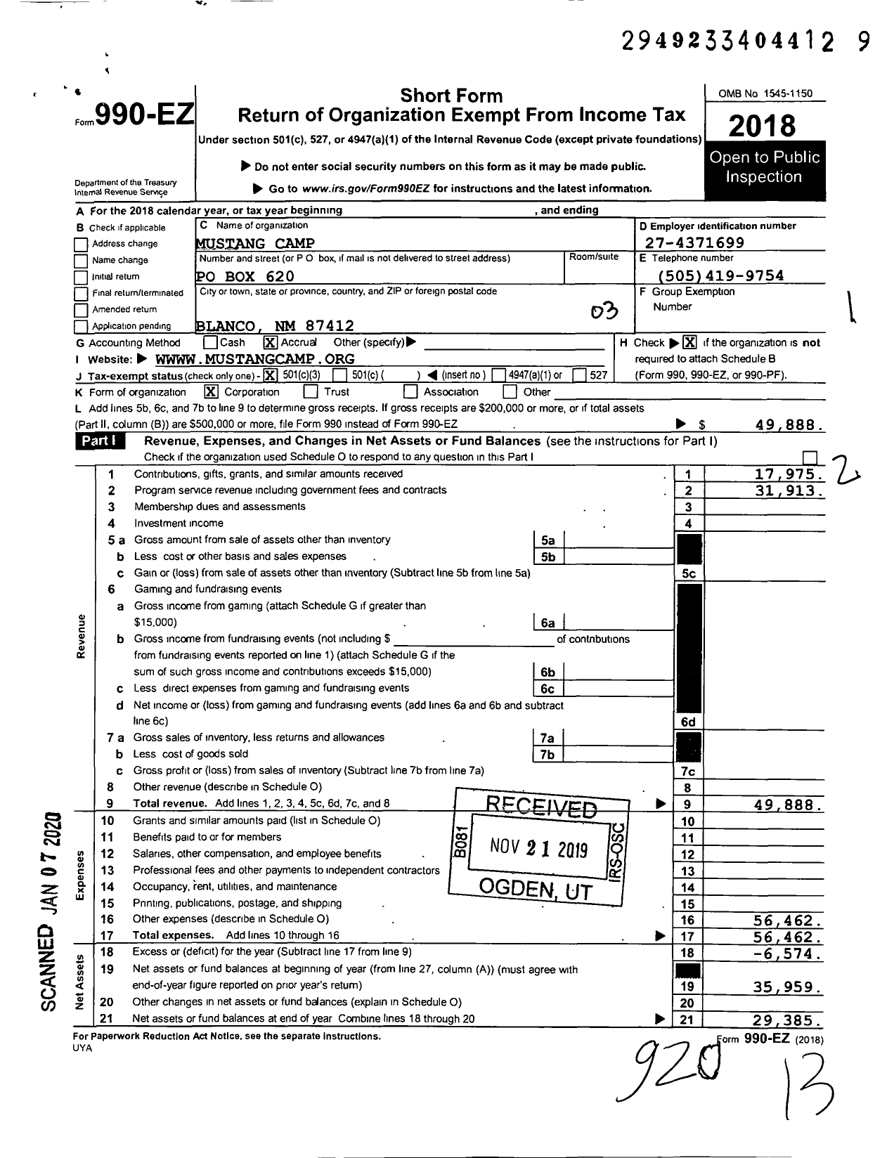 Image of first page of 2018 Form 990EZ for Mustang Camp