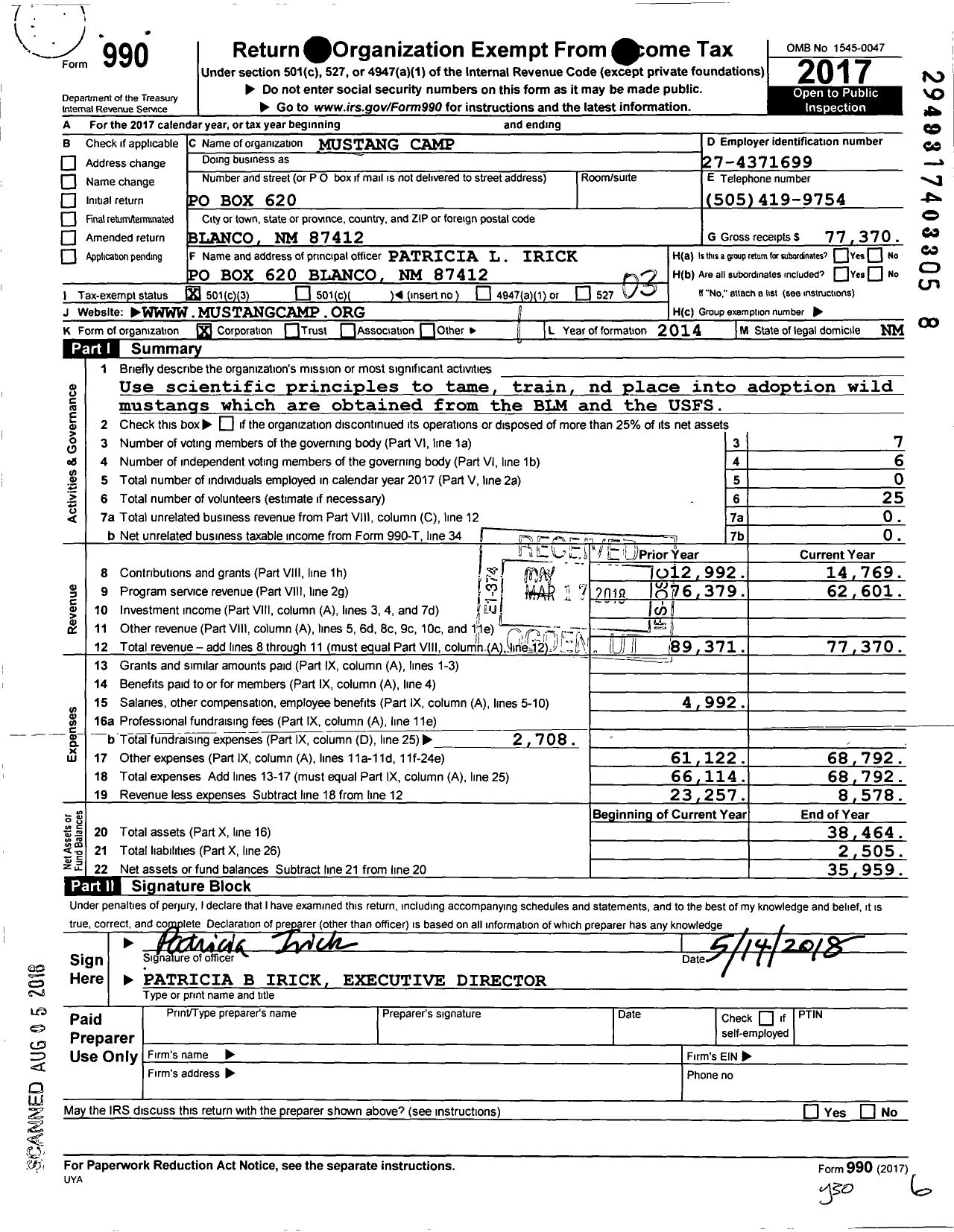 Image of first page of 2017 Form 990 for Mustang Camp