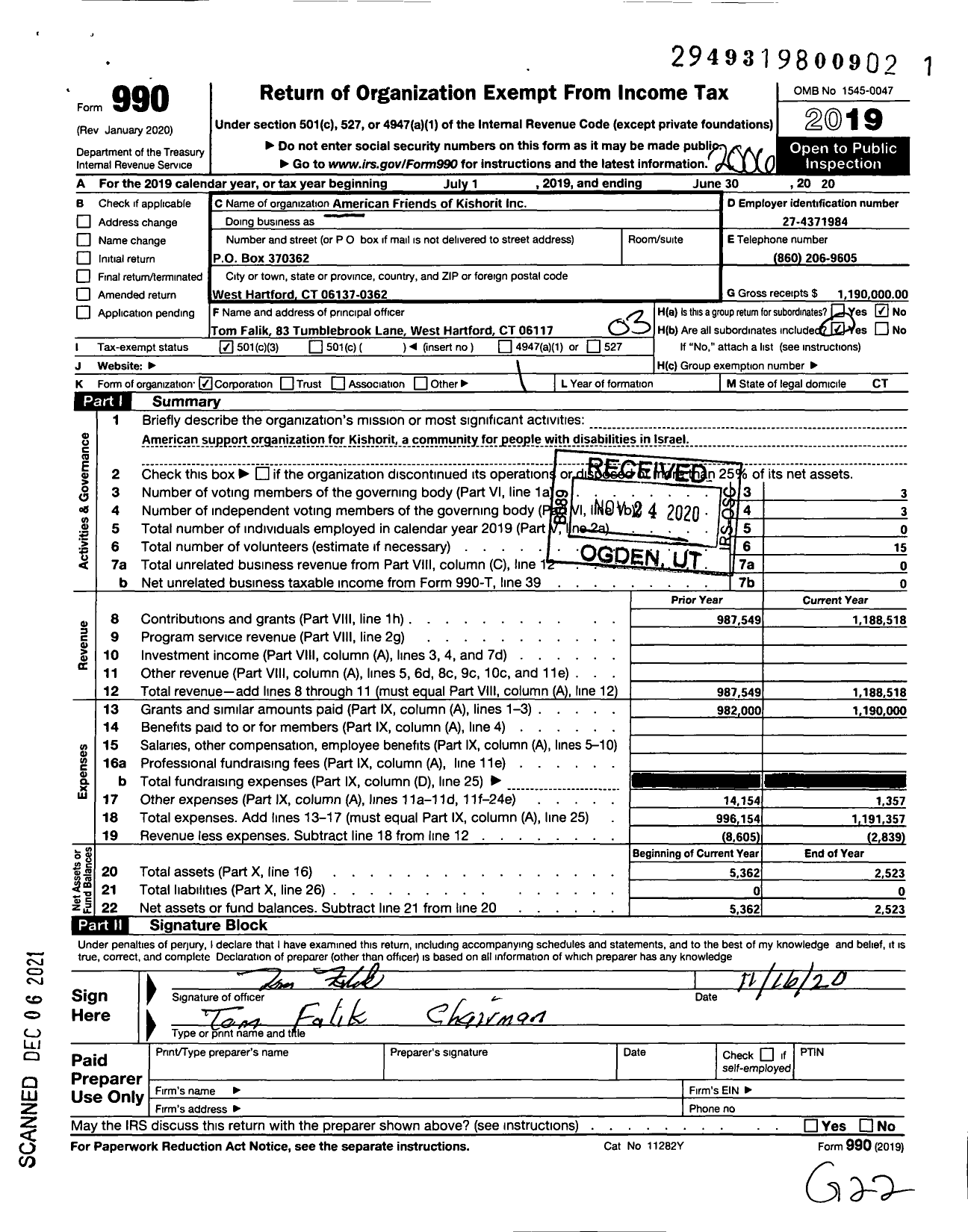 Image of first page of 2019 Form 990 for American Friends of Kishorit