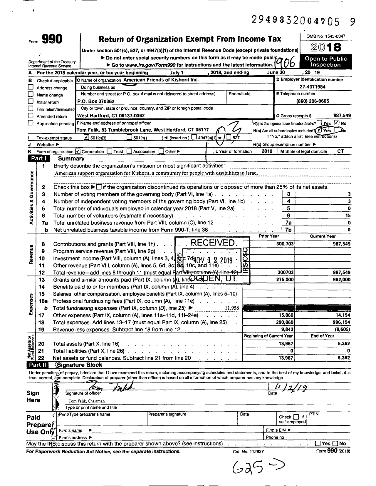 Image of first page of 2018 Form 990 for American Friends of Kishorit