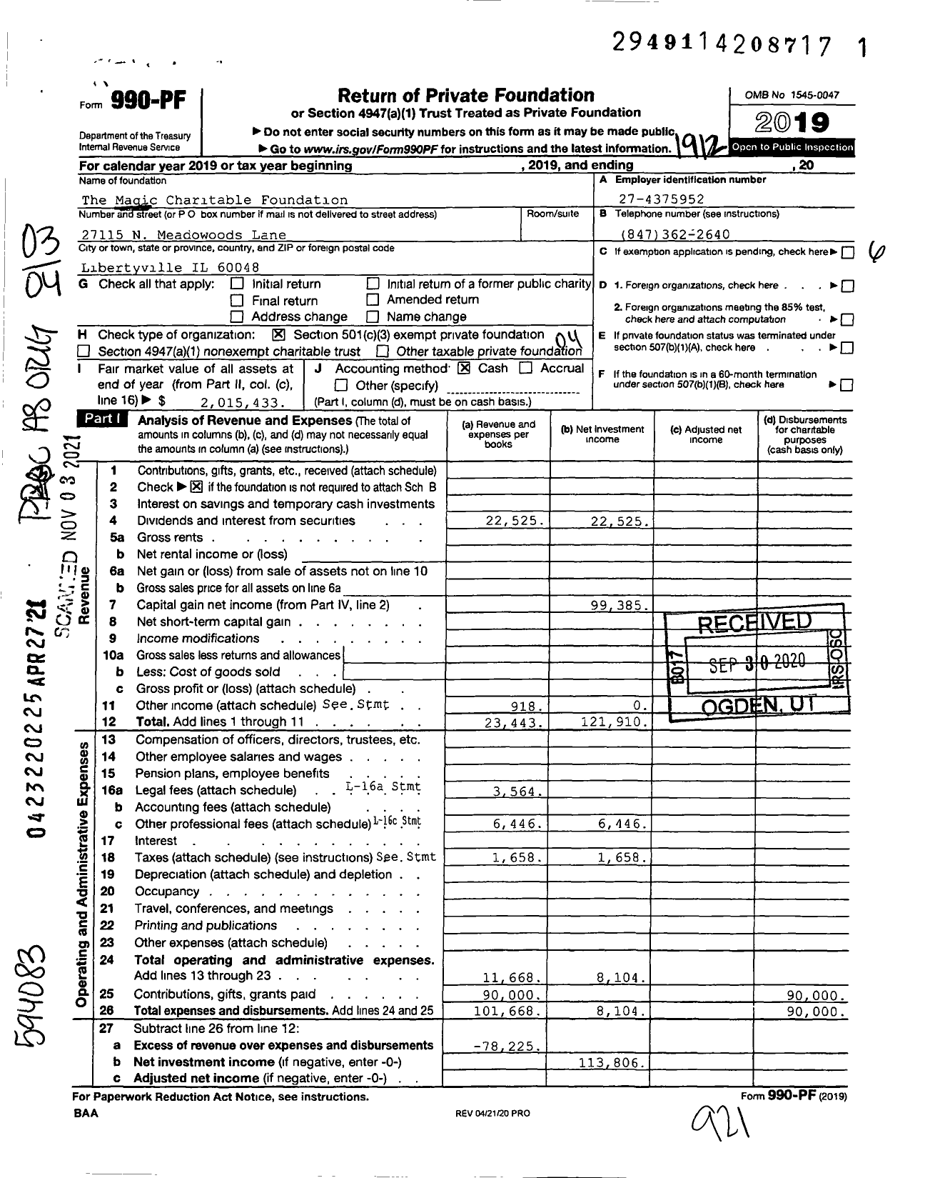Image of first page of 2019 Form 990PF for The Magic Charitable Foundation