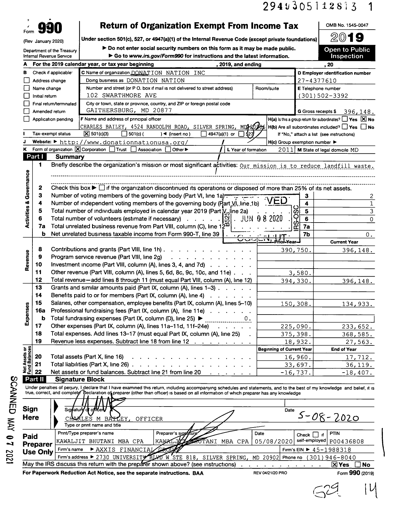 Image of first page of 2019 Form 990 for Donation Nation