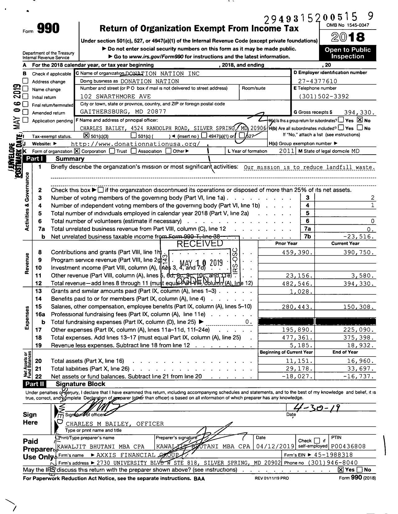 Image of first page of 2018 Form 990 for Donation Nation