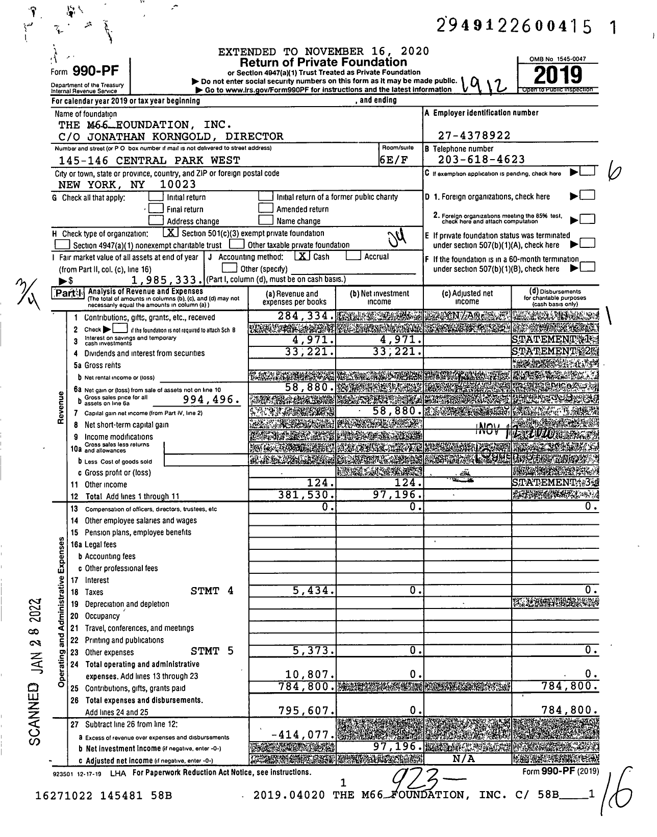 Image of first page of 2019 Form 990PF for The M66 Foundation